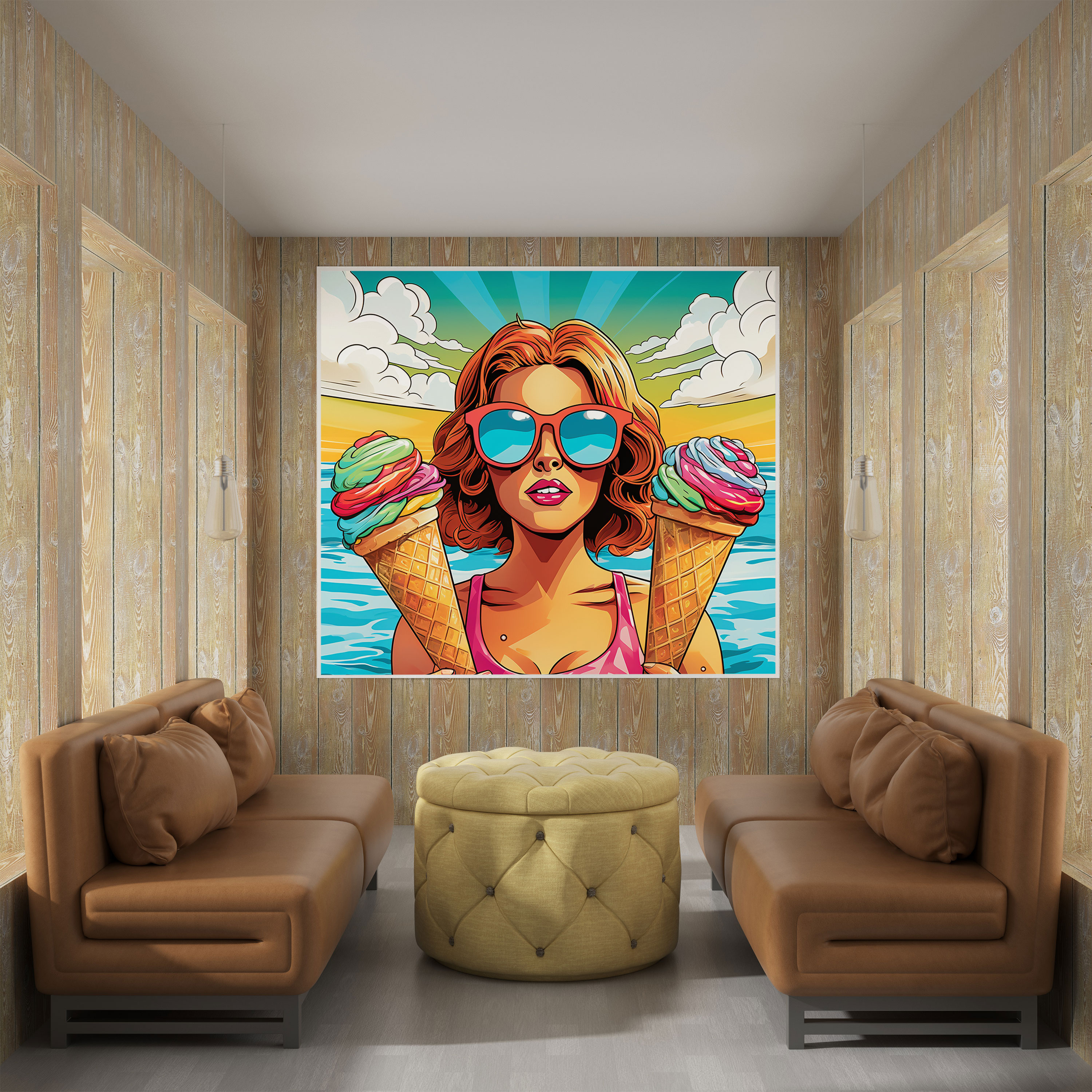 Pop Art Plaj Kanvas Tablosu - Plaj Duvar Dekorasyonu Eğlenceli ve Renkli Plaj Manzarası