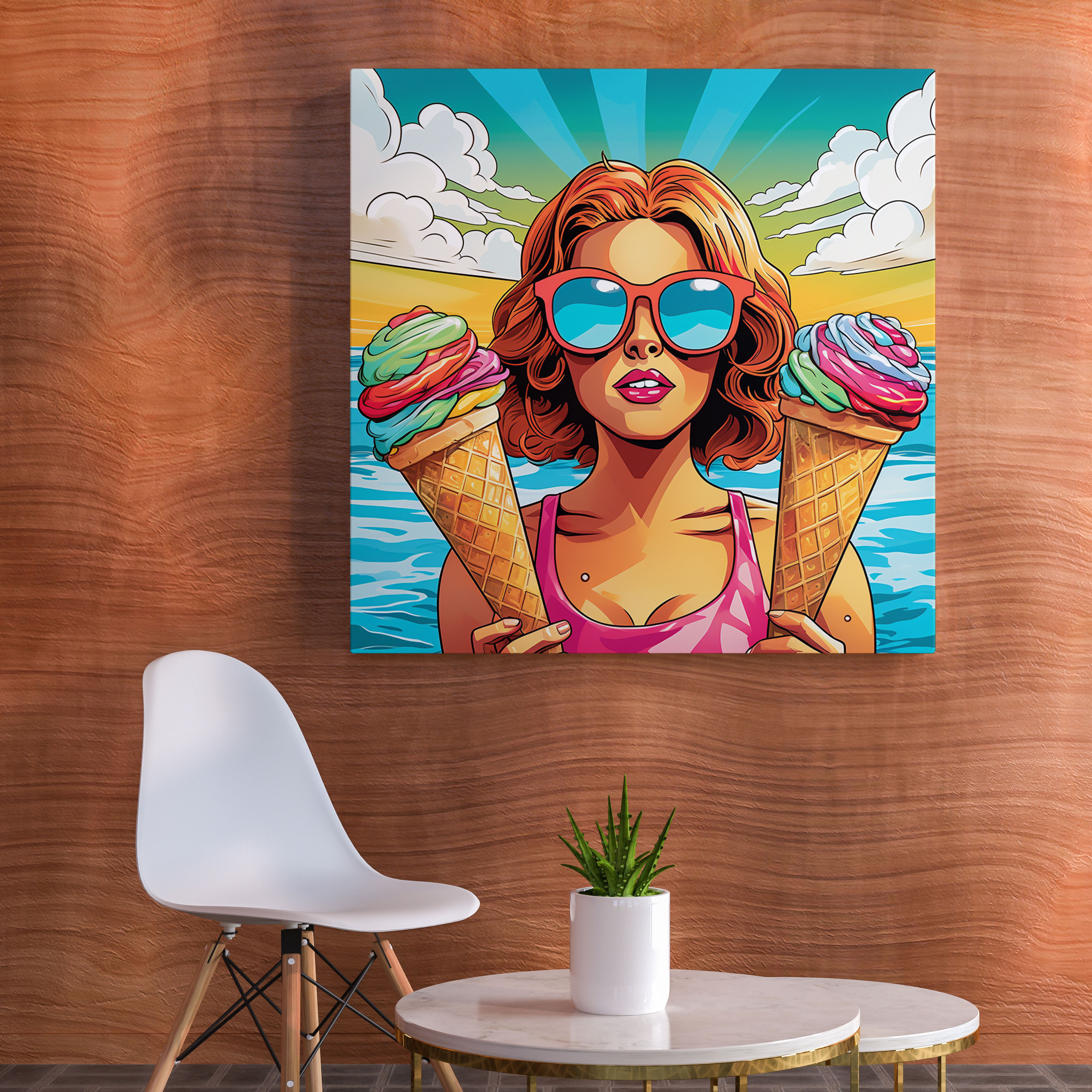 Pop Art Plaj Kanvas Tablosu - Plaj Duvar Dekorasyonu Eğlenceli ve Renkli Plaj Manzarası