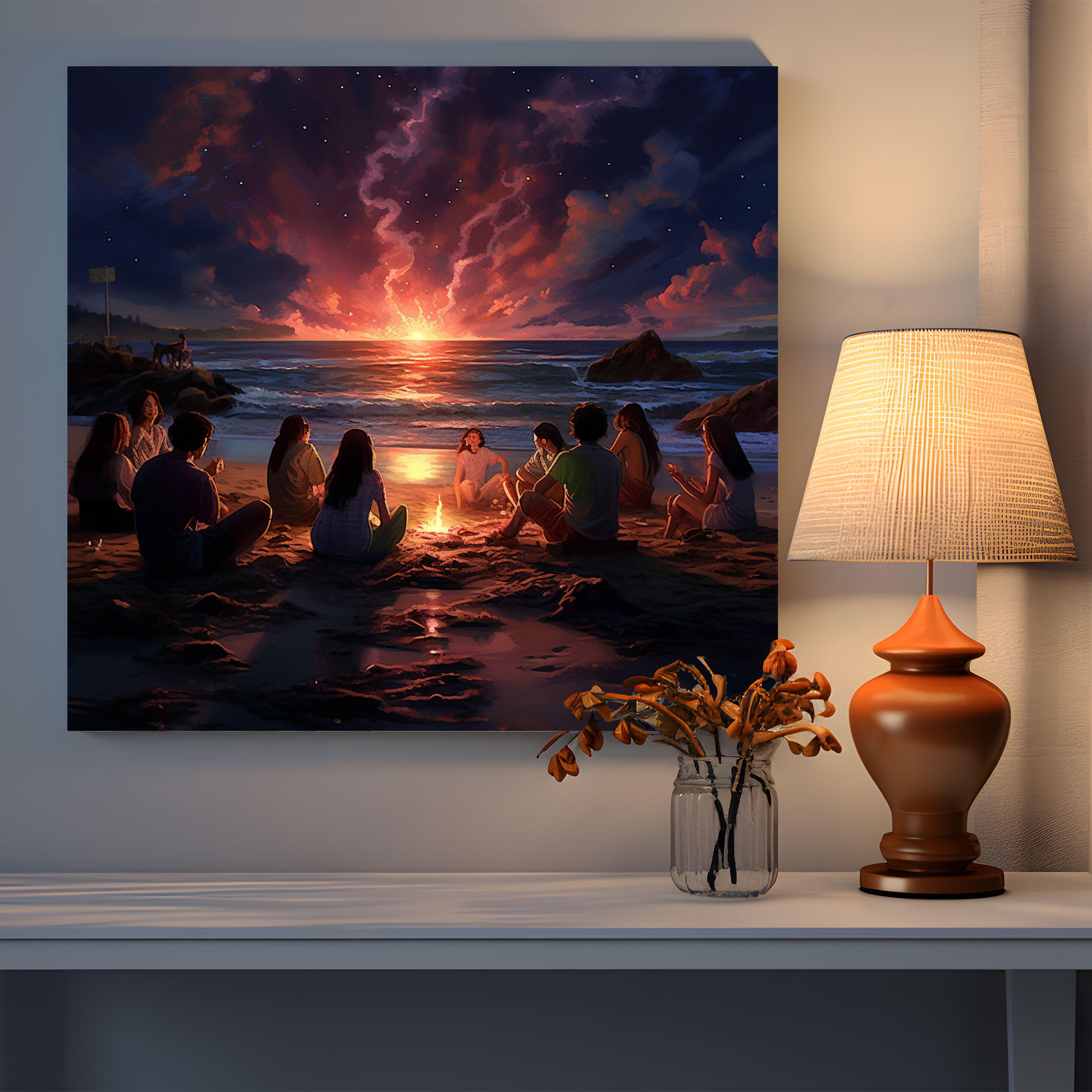 Bonfire Memories Canvas Print - Beach, Friends Gathering, Beach, Canvas Print
