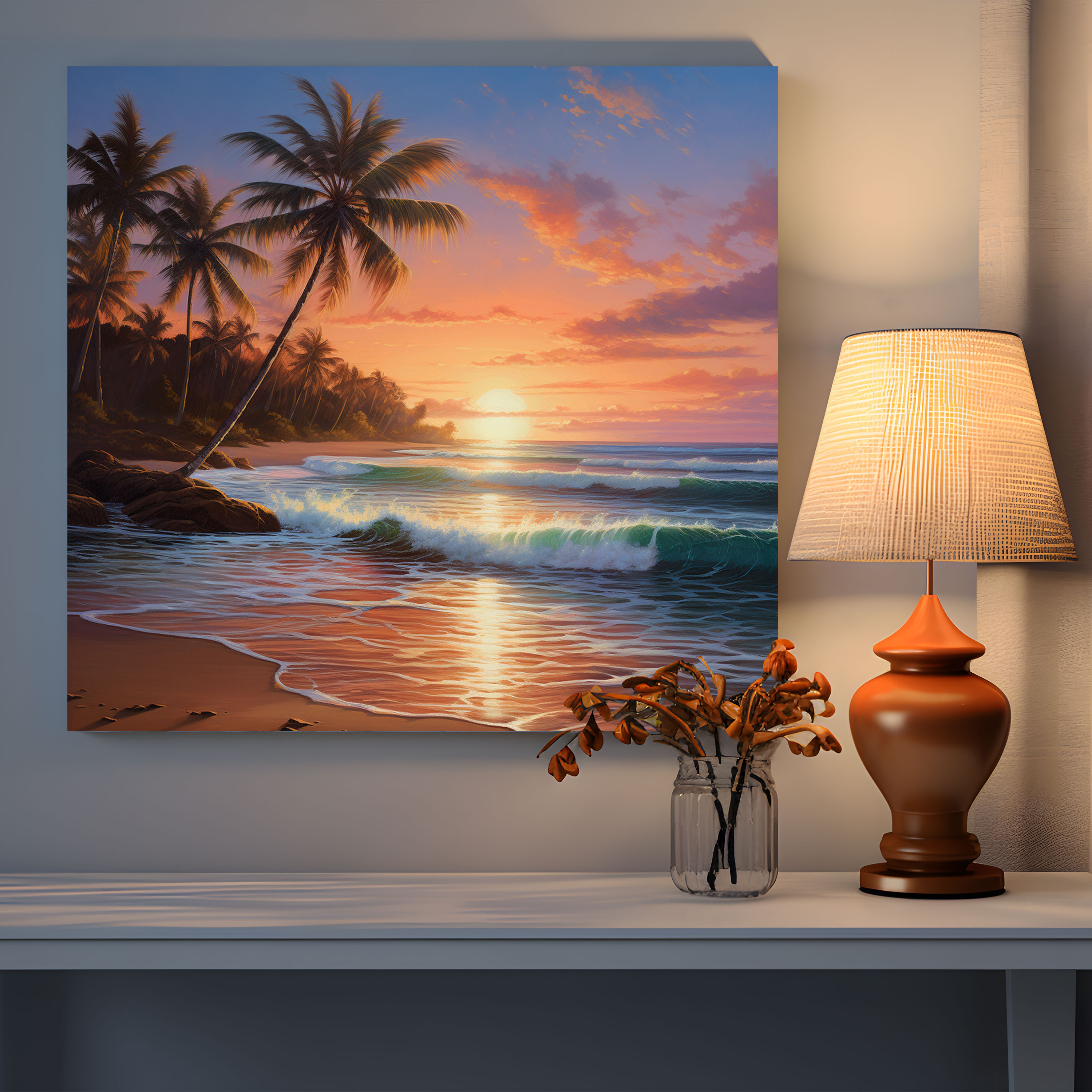 Beach Sunset Canvas Print - Beach, Palm Trees, Beach, Canvas