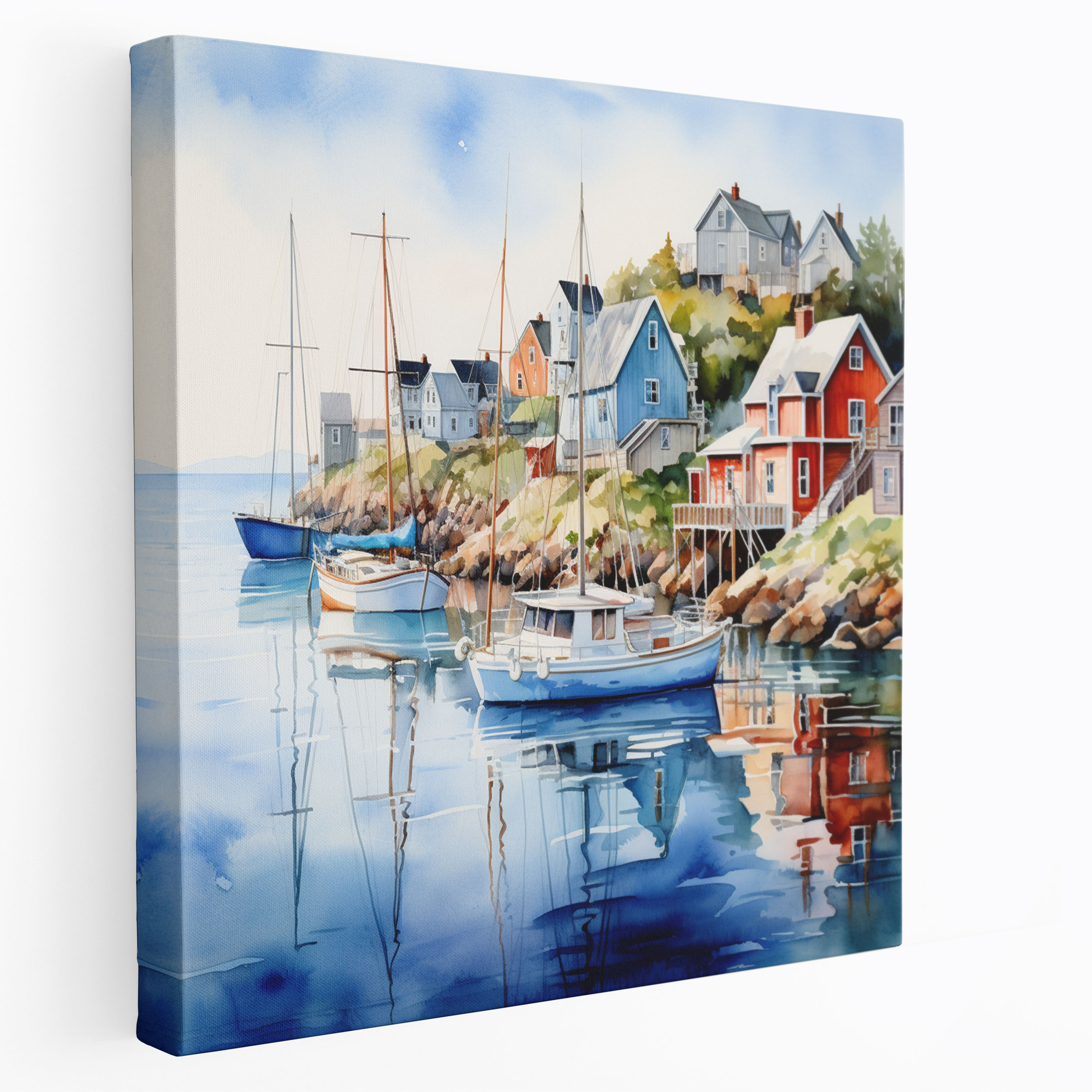 Coastal Village Wall Art - Beach, Watercolor, Canvas Print, Canvas