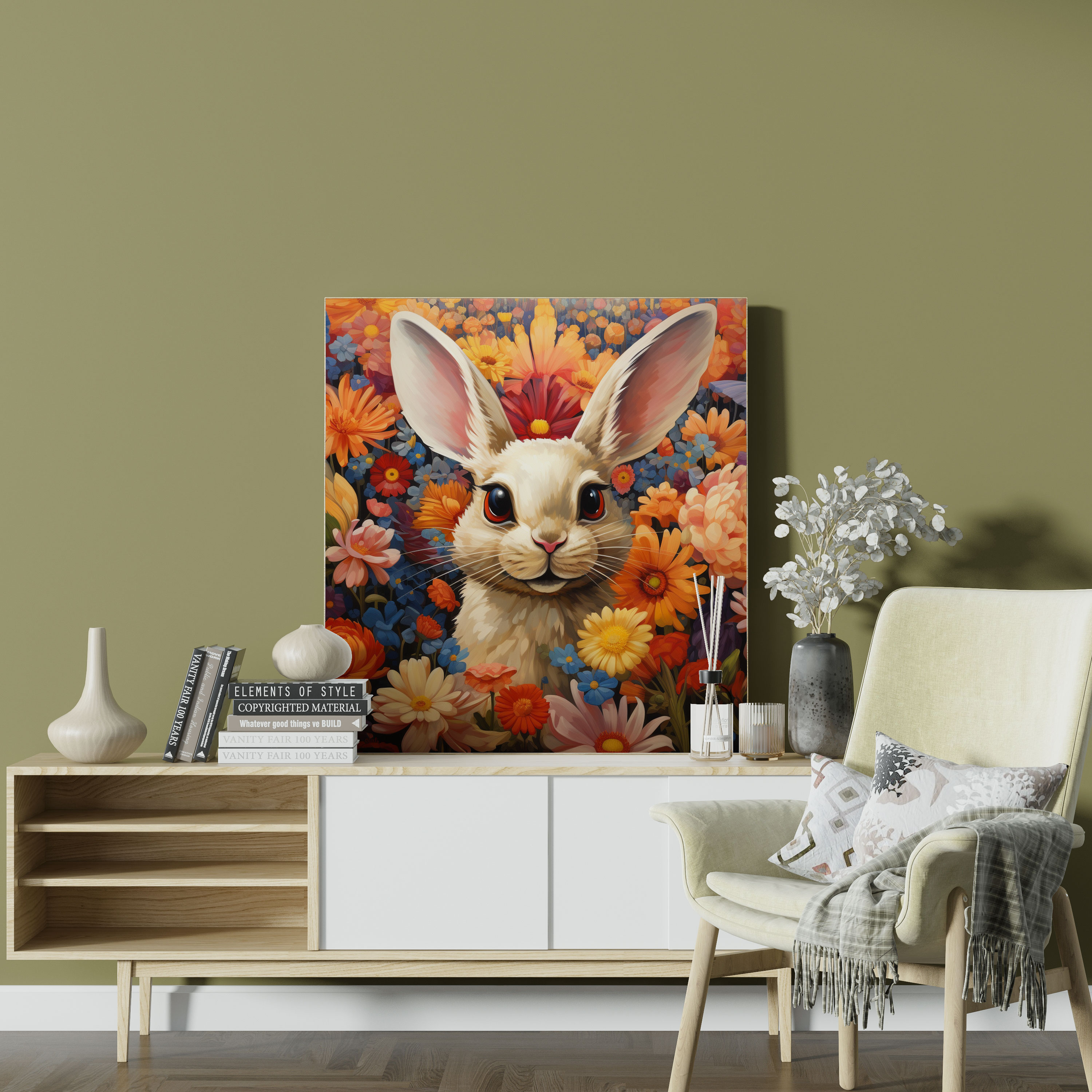 Playful Beige Bunny Canvas Print - Beige, Beige Wall Art, Illustration, Beige Canvas Print