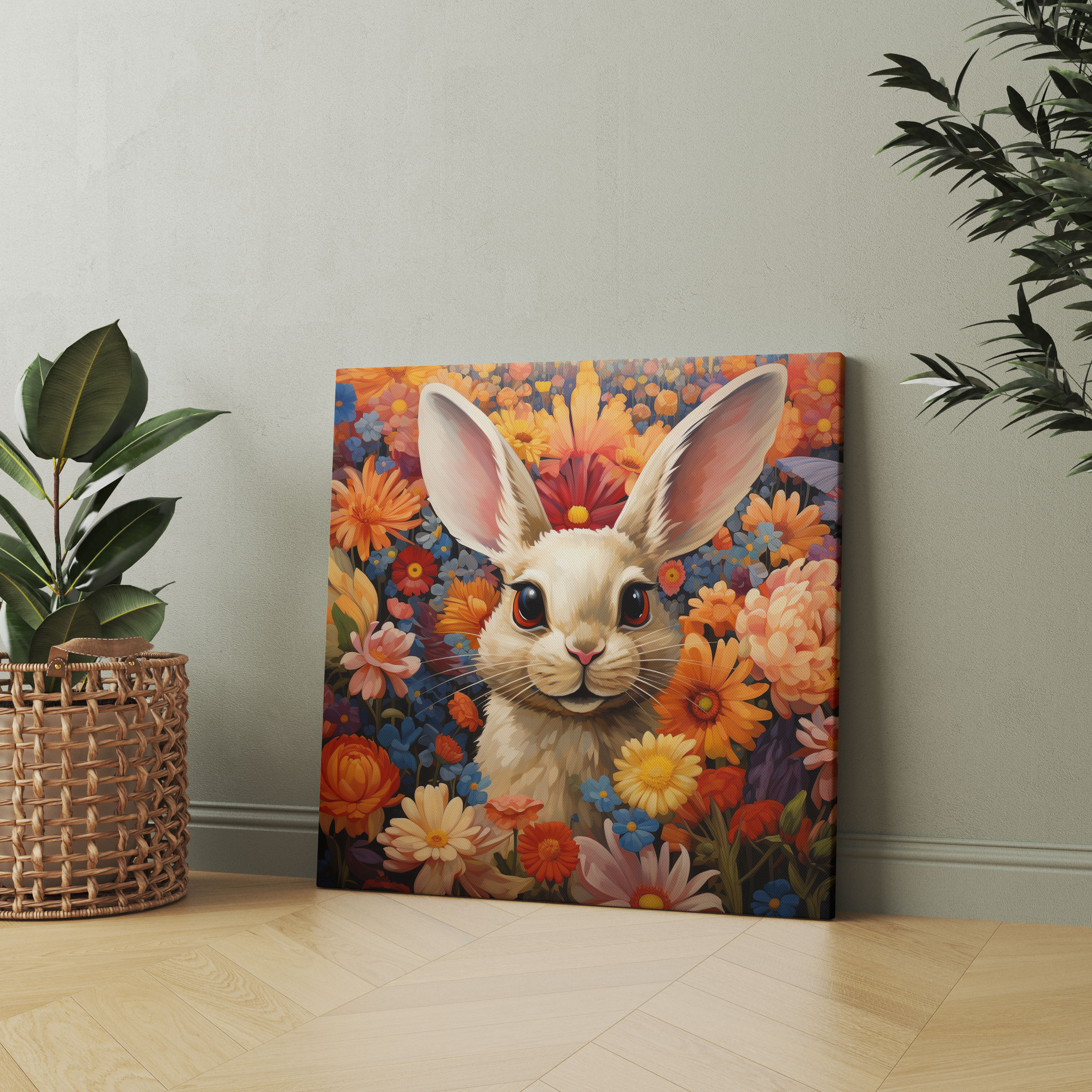 Playful Beige Bunny Canvas Print - Beige, Beige Wall Art, Illustration, Beige Canvas Print