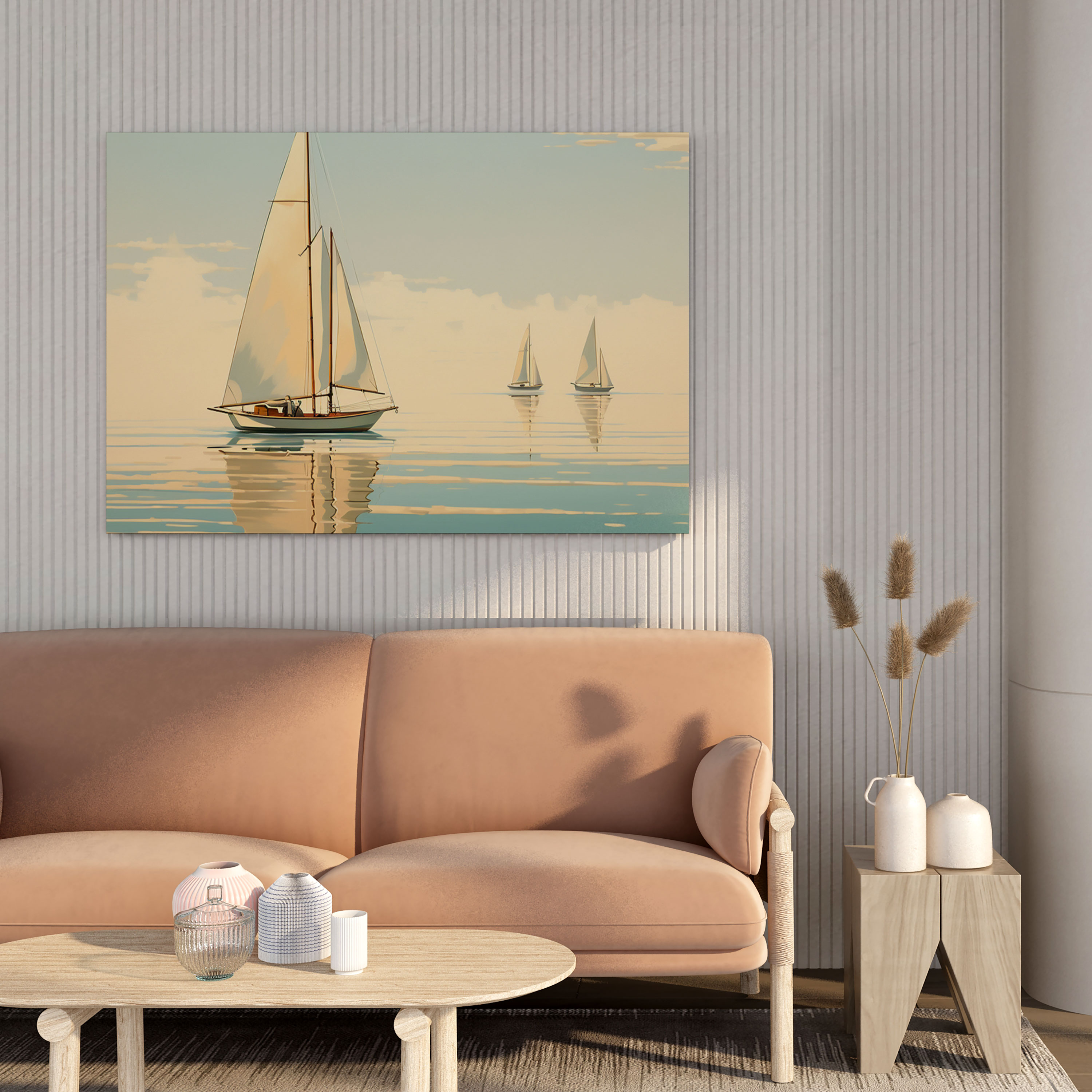 Beige Sailing Boats Canvas Print - Beige, Sailing Boats, Tranquil Wall Decor, Home Decoration