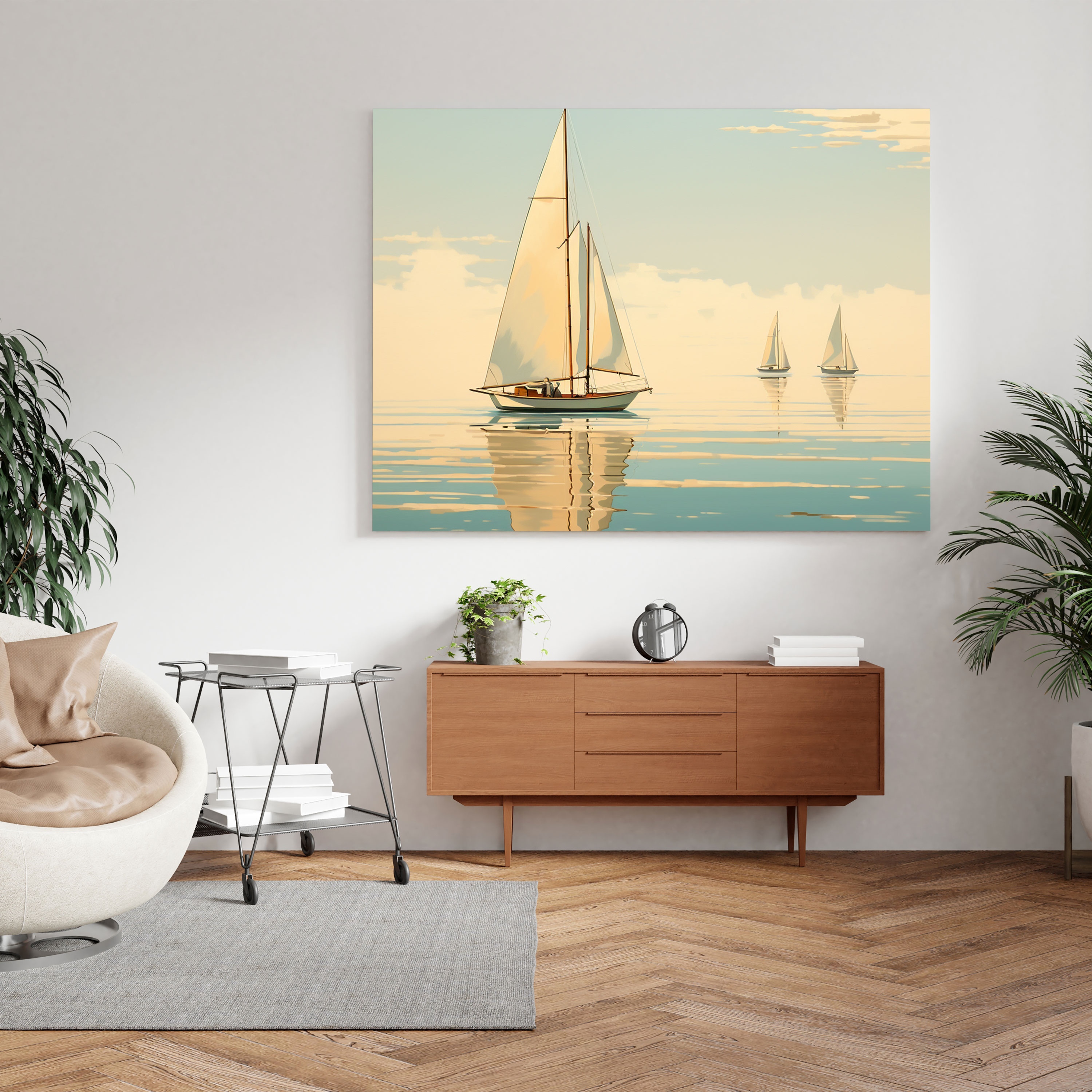 Beige Sailing Boats Canvas Print - Beige, Sailing Boats, Tranquil Wall Decor, Home Decoration