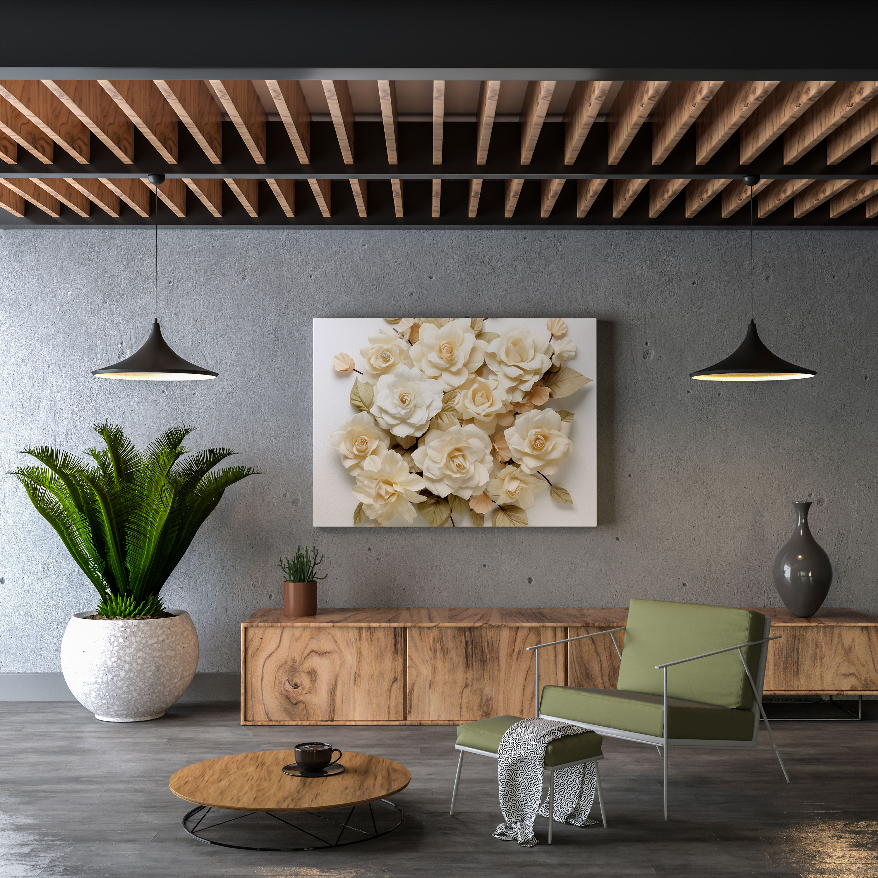 Beige Rose Floral Wall Art - Beige, Canvas, Wall Decoration, White Background