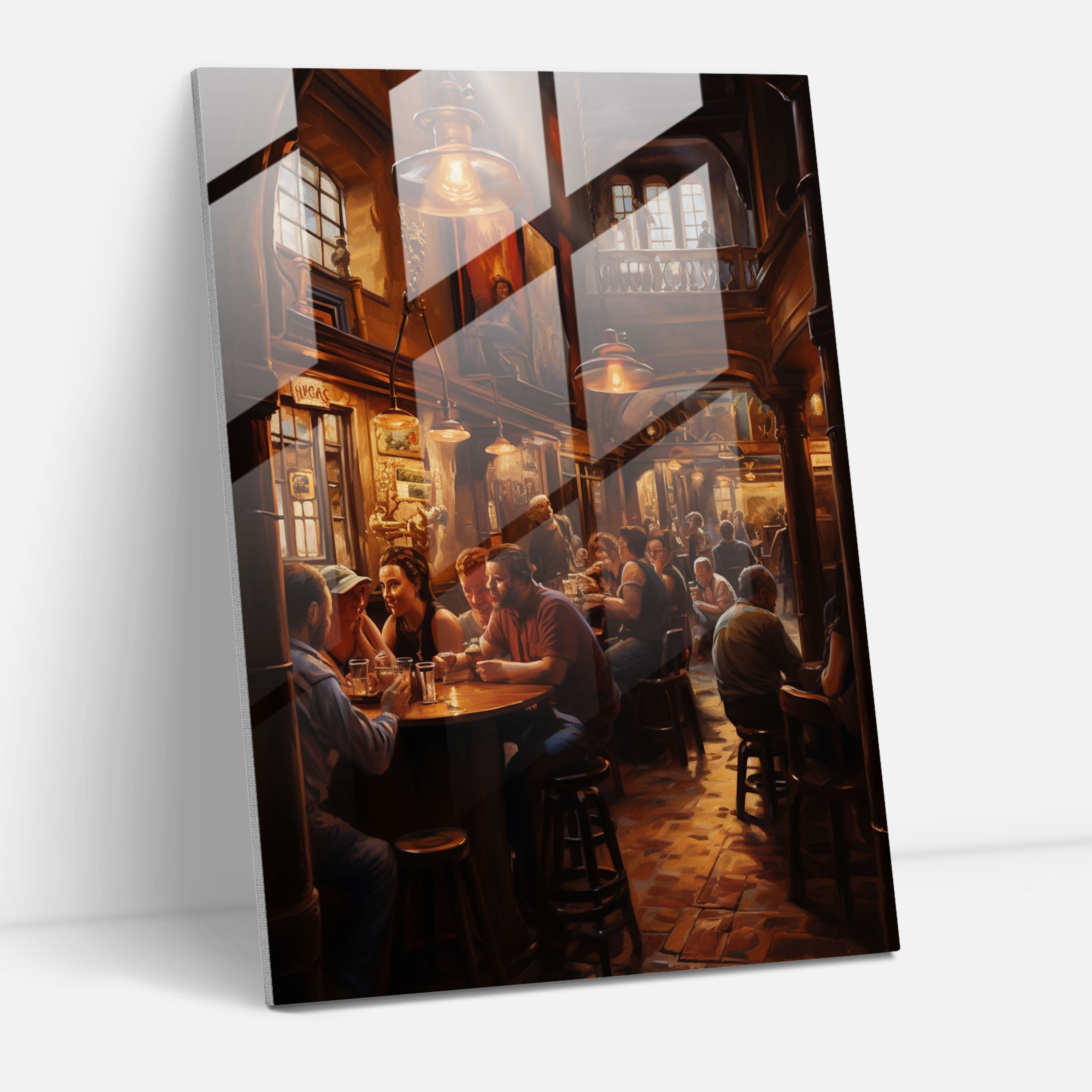 Beer Inspired Glass Print - Beer, Cozy Atmosphere, People Enjoying Beer, Pub Scene