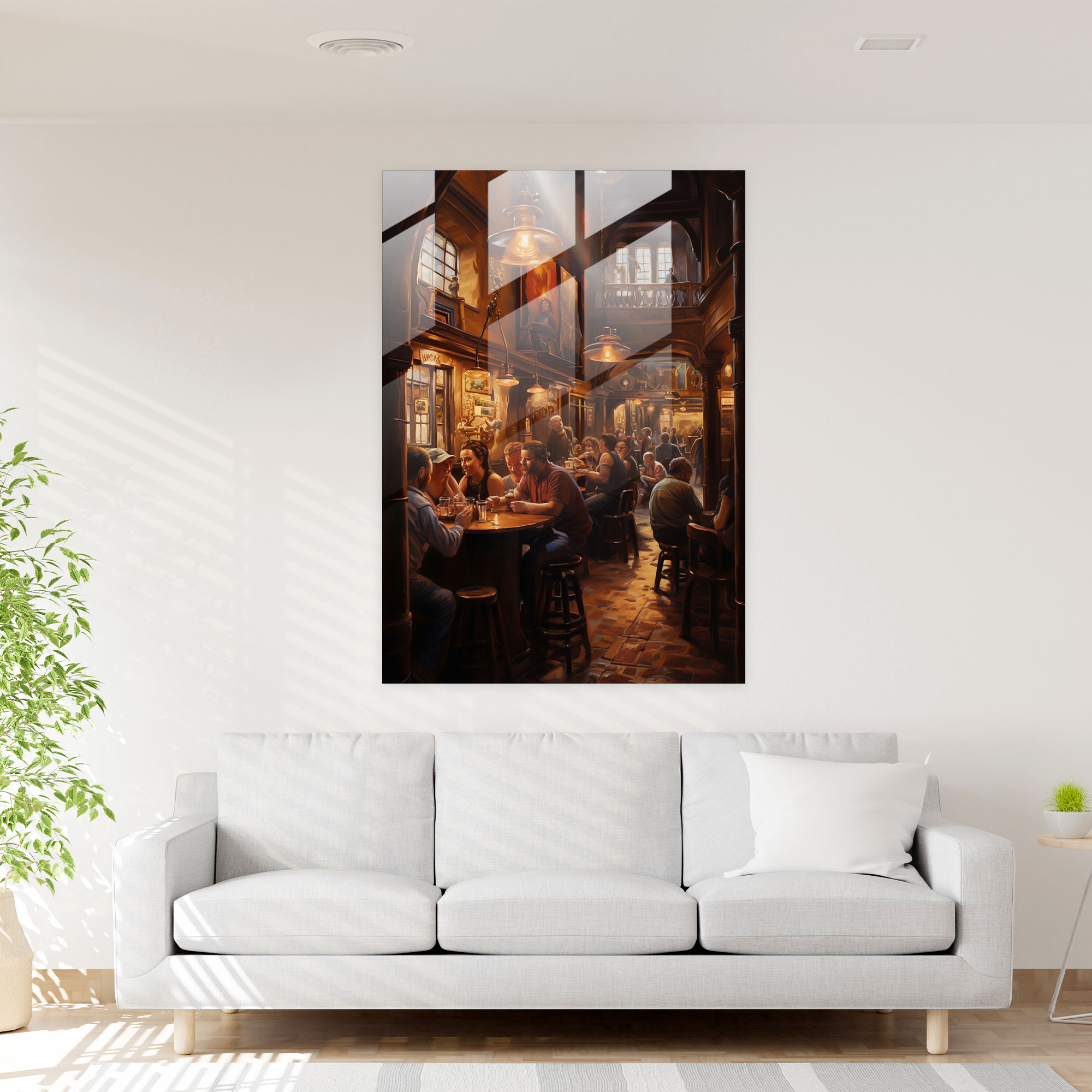 Beer Inspired Glass Print - Beer, Cozy Atmosphere, People Enjoying Beer, Pub Scene