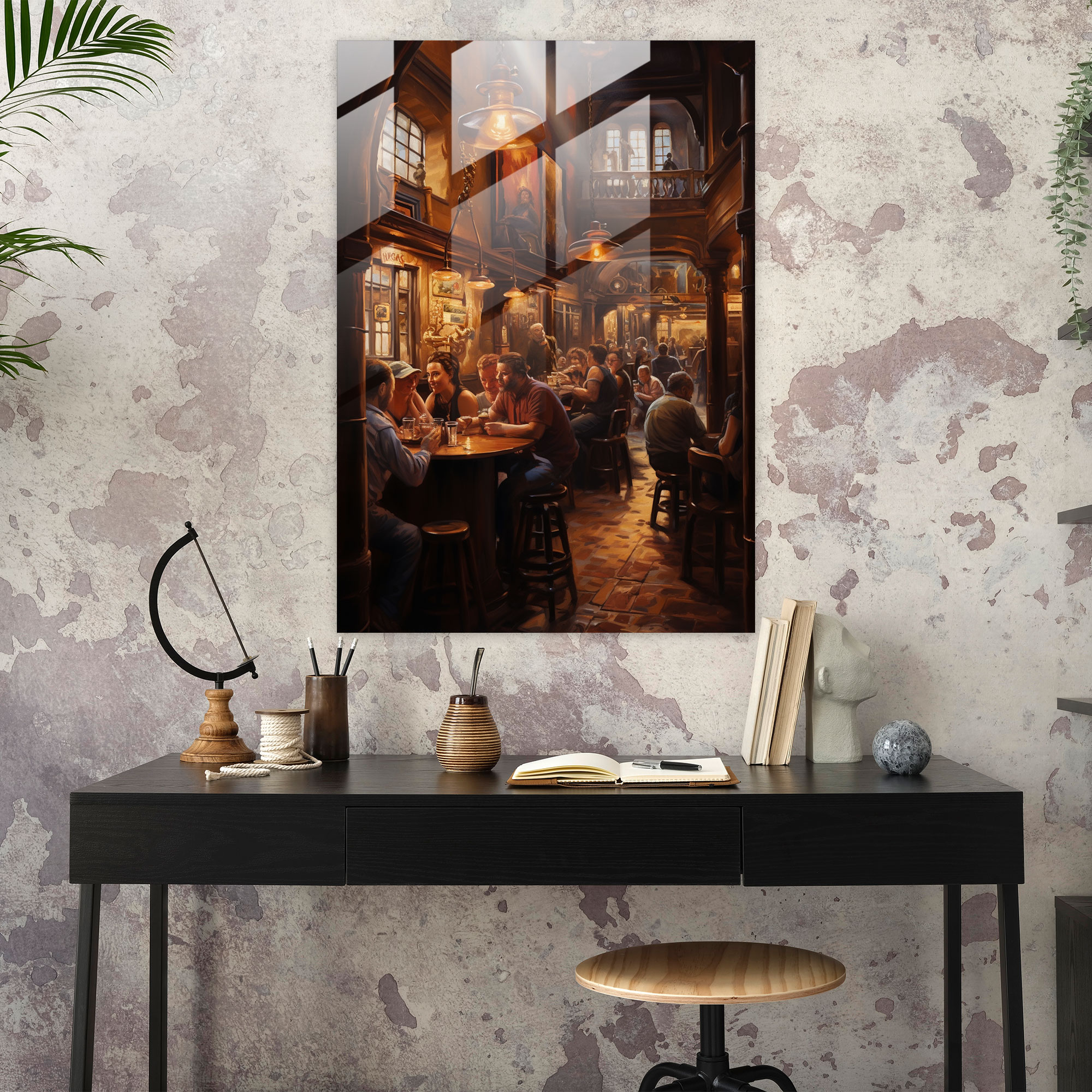 Beer Inspired Glass Print - Beer, Cozy Atmosphere, People Enjoying Beer, Pub Scene