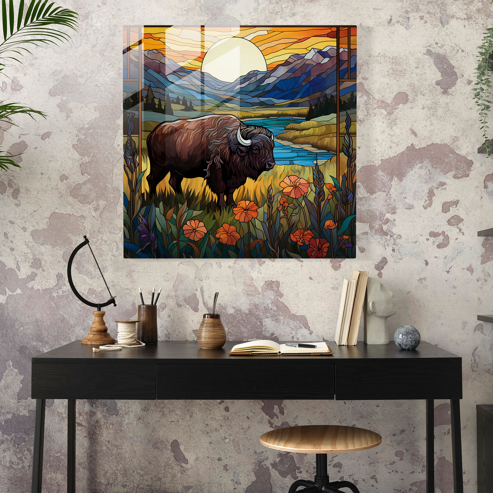 Buffalo Meadow Glass Print - Buffalo, Modern Art, Glass Wall Art, Wall Decoration