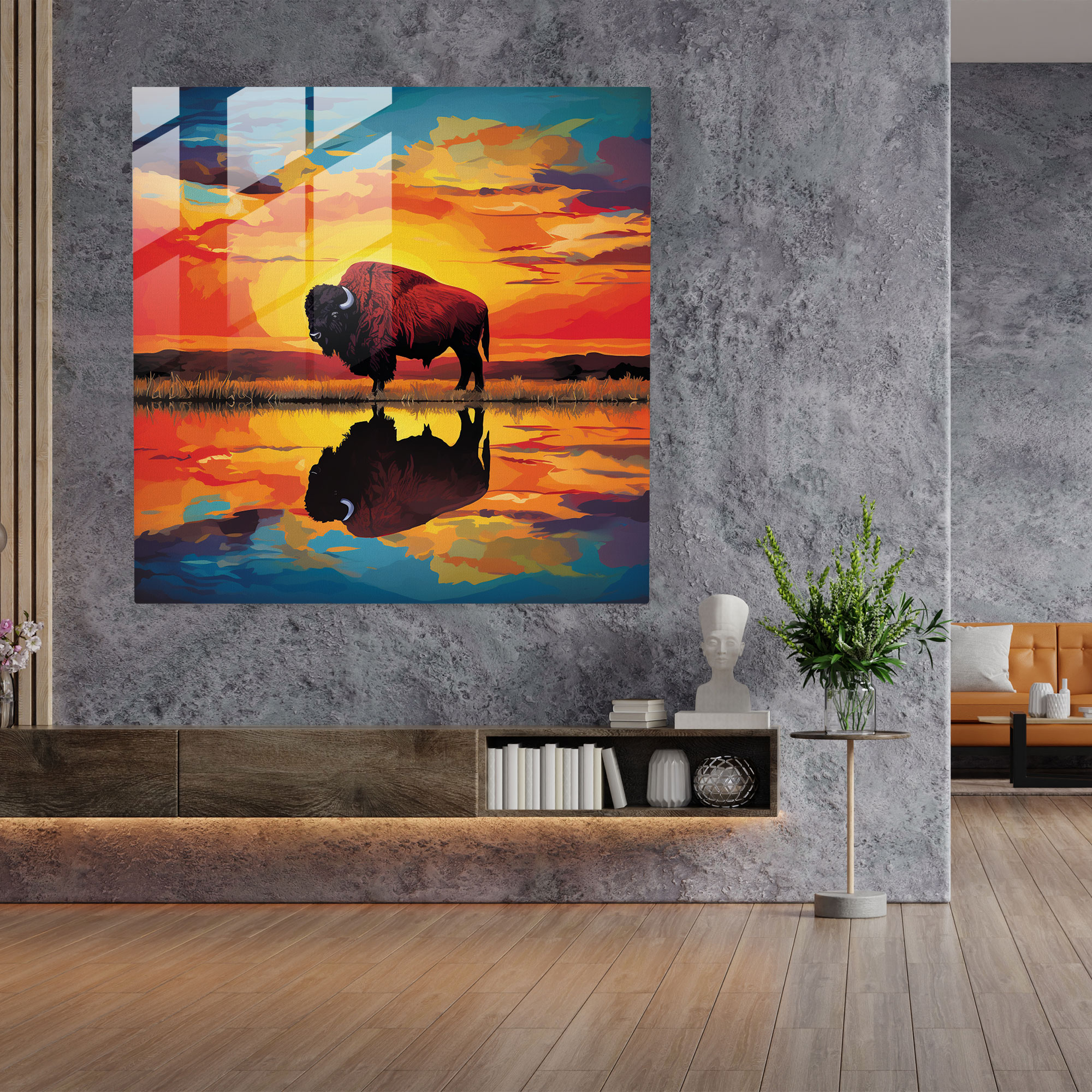 Vahşi Öz Buffalo Cam Tablo Sanatı - Buffalo Cam Tablo Cam Duvar Sanatı Günbatımı