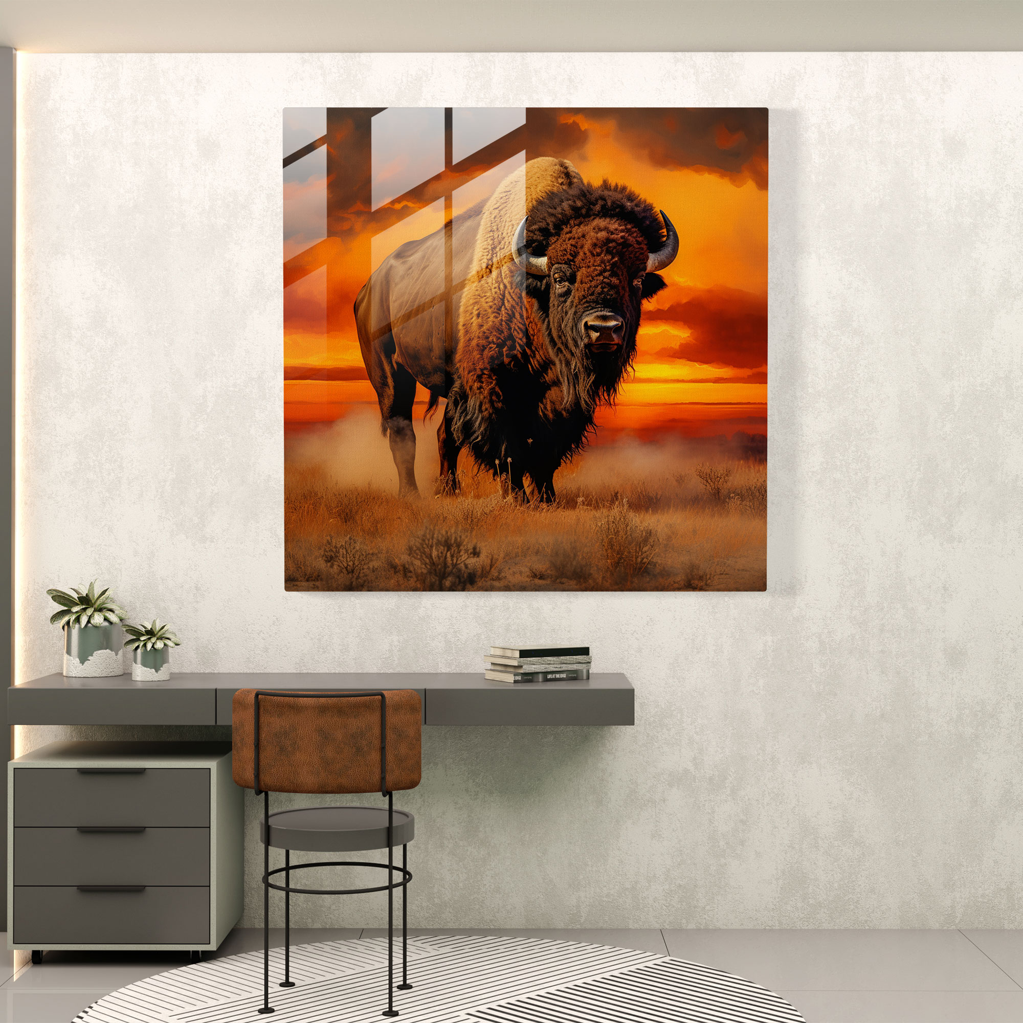 Tranquil Sunset Buffalo Glass Print - Buffalo, Glass Wall Art, Sunset, Modern Art