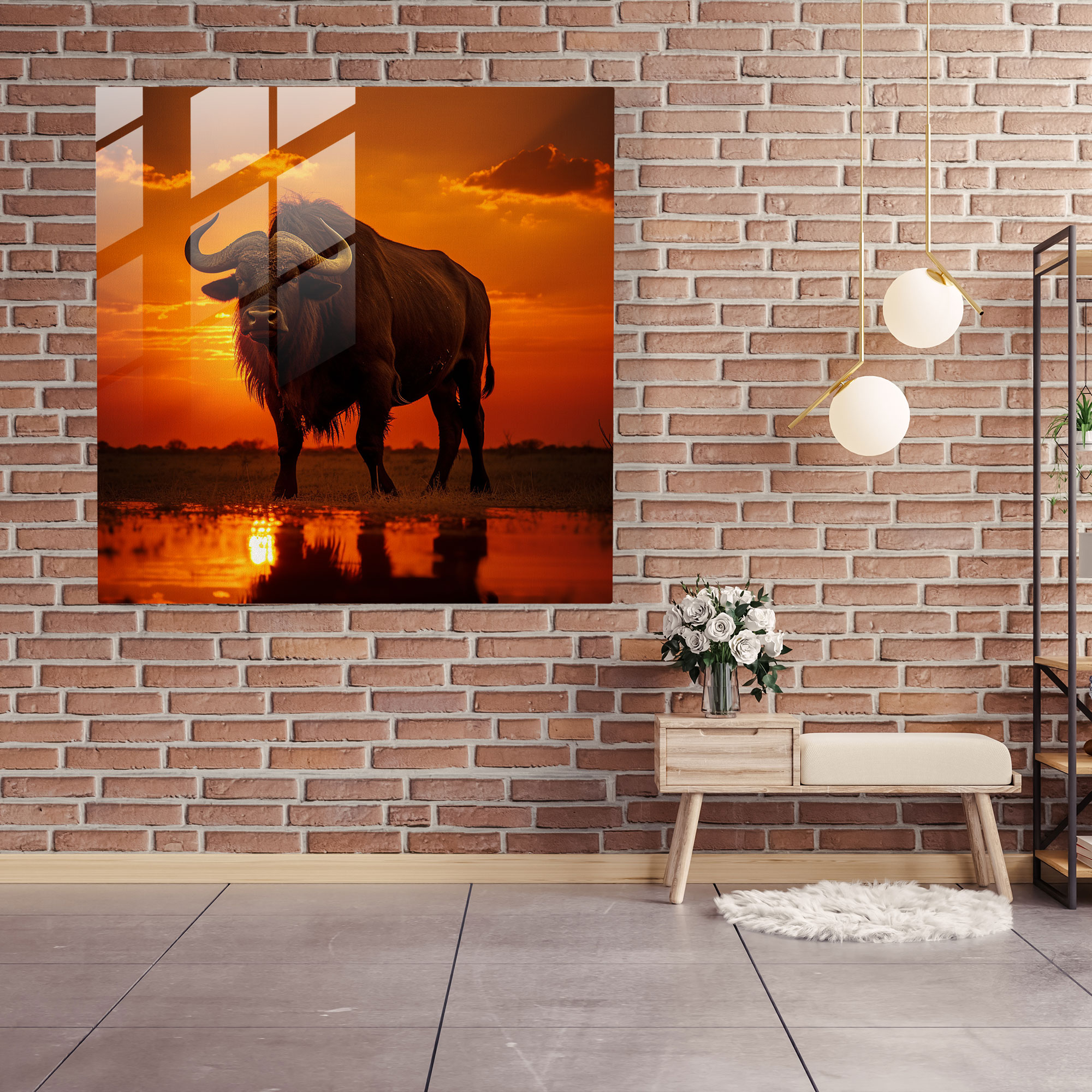 Buffalo Manzaralı Günbatımı Siluet Cam Tablo - Buffalo Nefes Kesen Manzaralar Kontrast Duvar Dekorasyonu