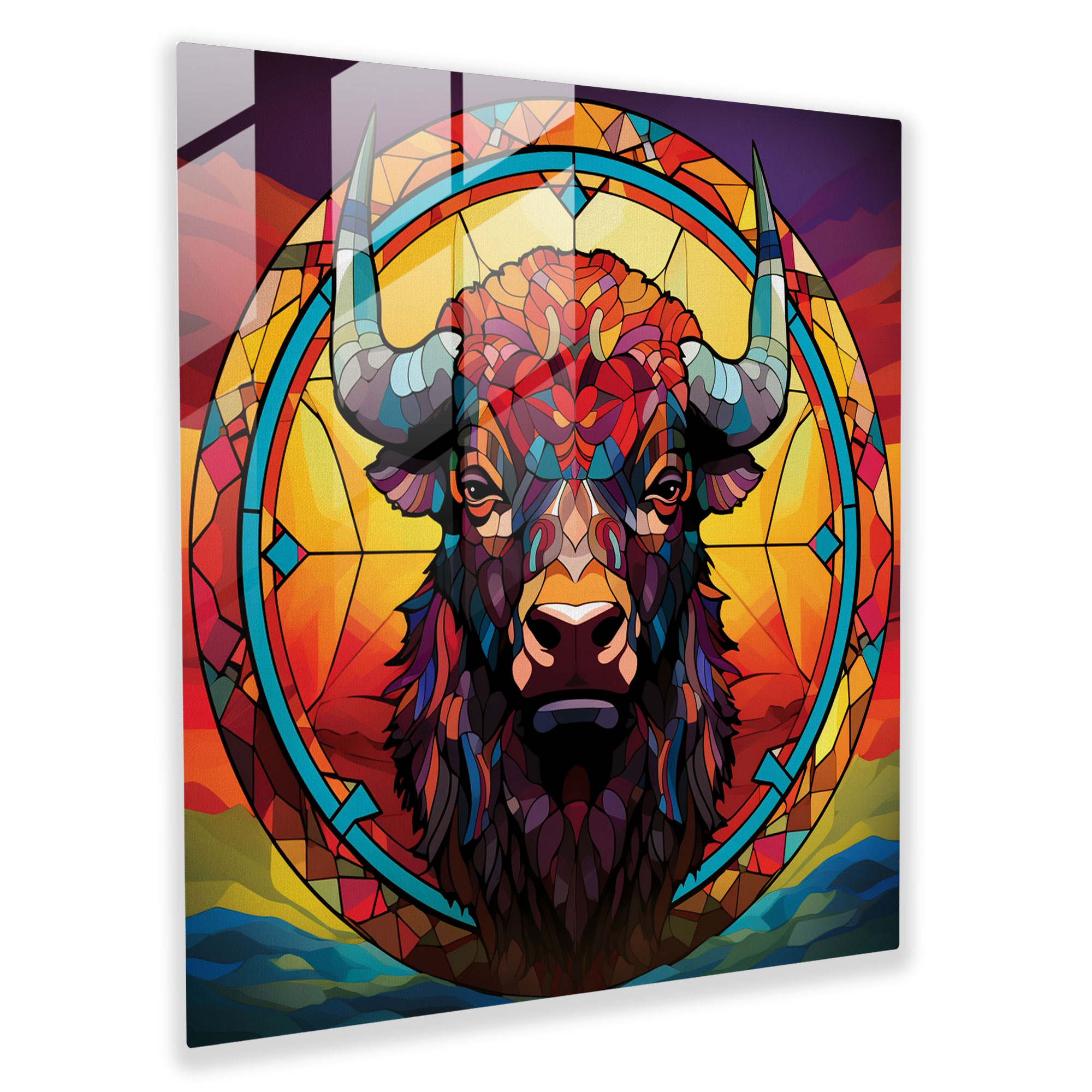 Geometric Buffalo Glass Print - Buffalo, Modern Art, Vibrant Geometric Patterns, Glass Print