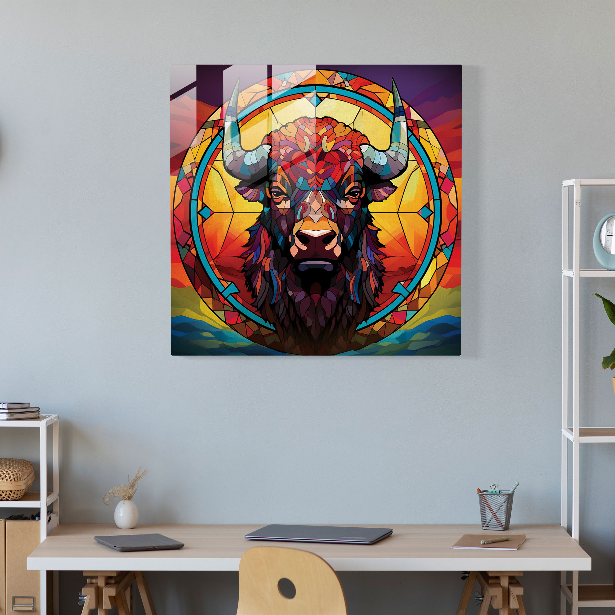 Geometric Buffalo Glass Print - Buffalo, Modern Art, Vibrant Geometric Patterns, Glass Print
