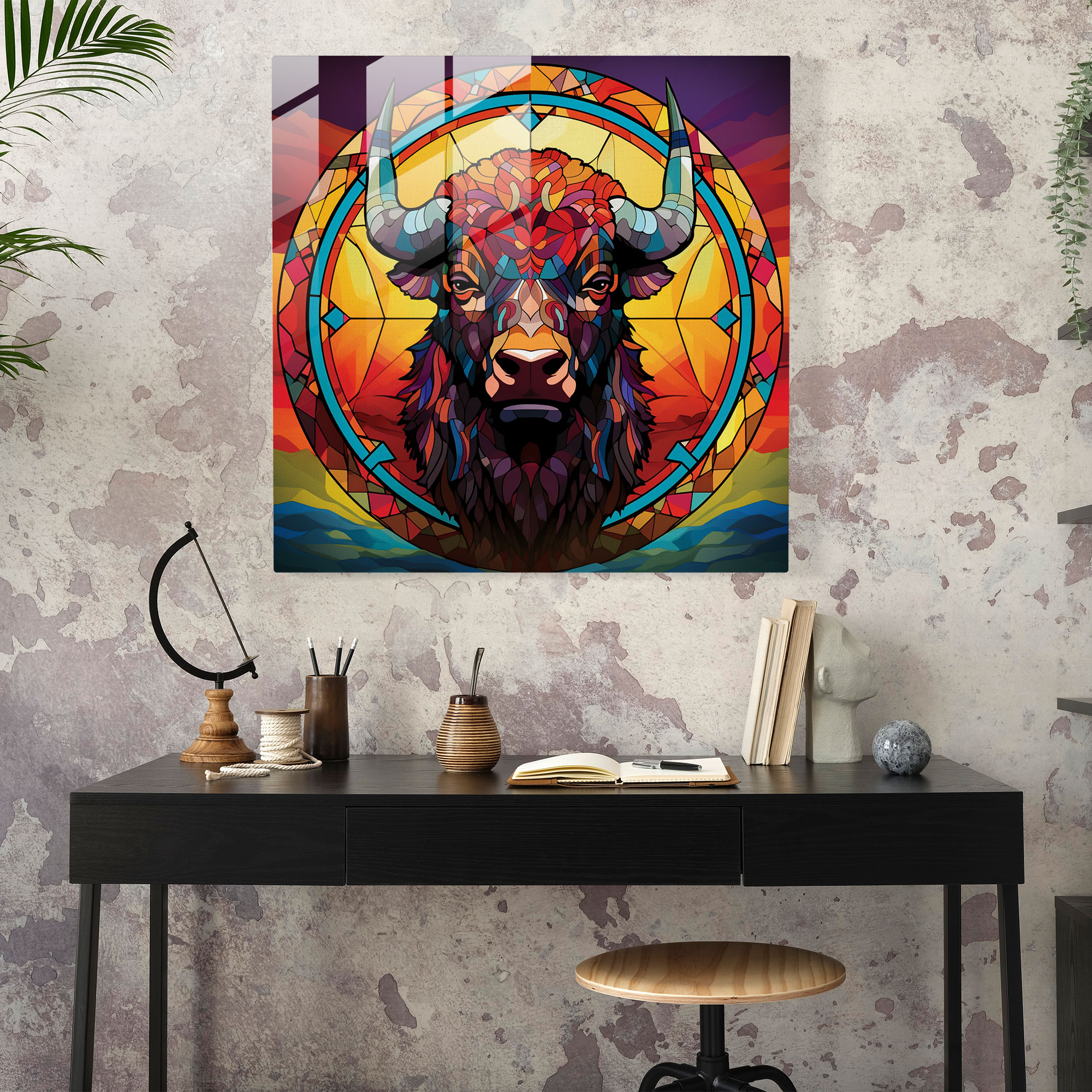 Geometric Buffalo Glass Print - Buffalo, Modern Art, Vibrant Geometric Patterns, Glass Print