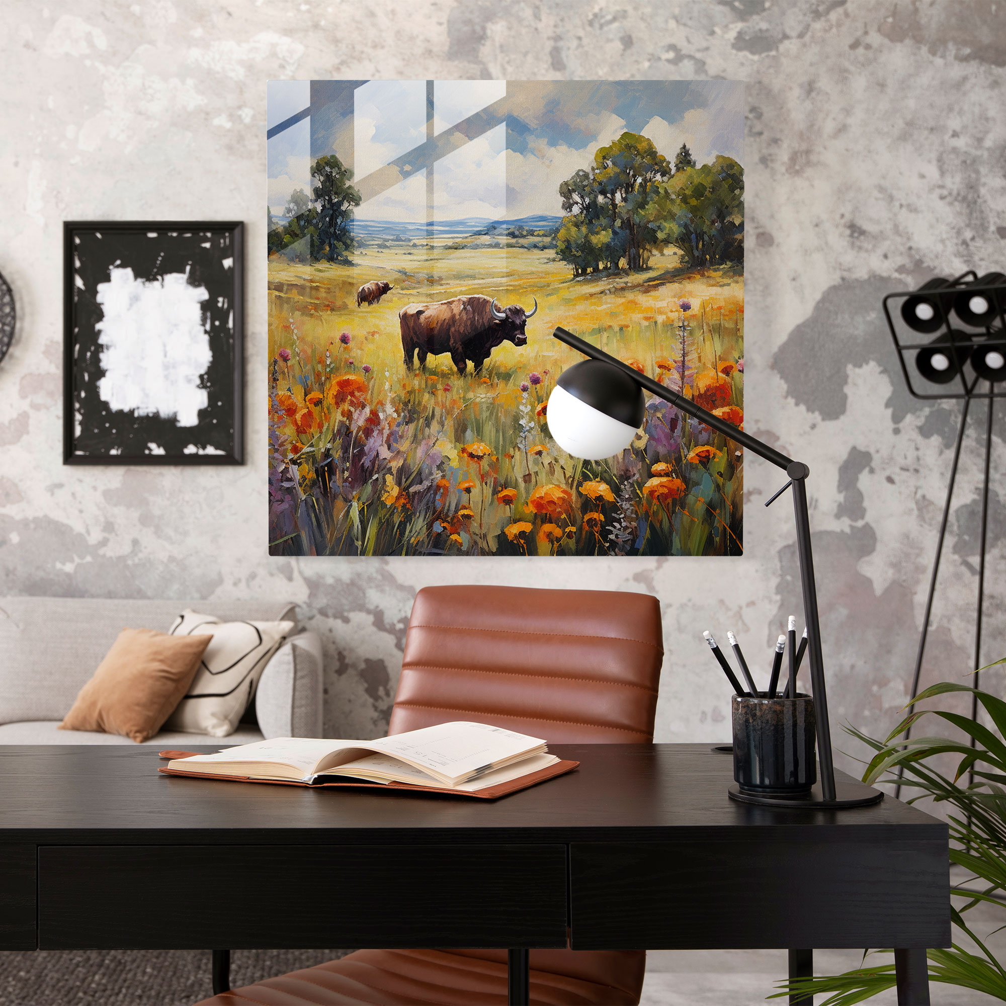 Wildflower Serenity Buffalo Glass Print - Buffalo, Glass Art, Wildflower Serenity Buffalo Glass Print, Soft Brushstrokes