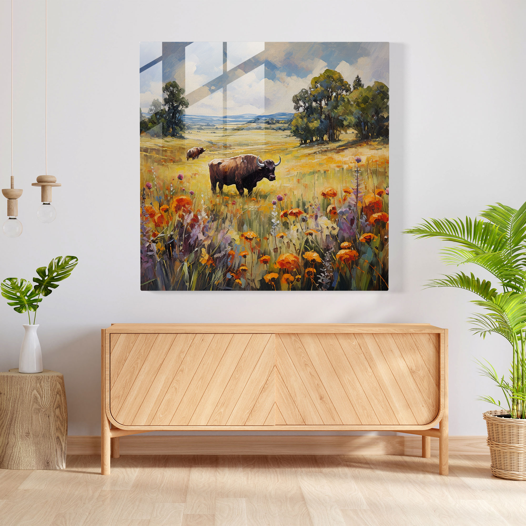 Wildflower Serenity Buffalo Glass Print - Buffalo, Glass Art, Wildflower Serenity Buffalo Glass Print, Soft Brushstrokes