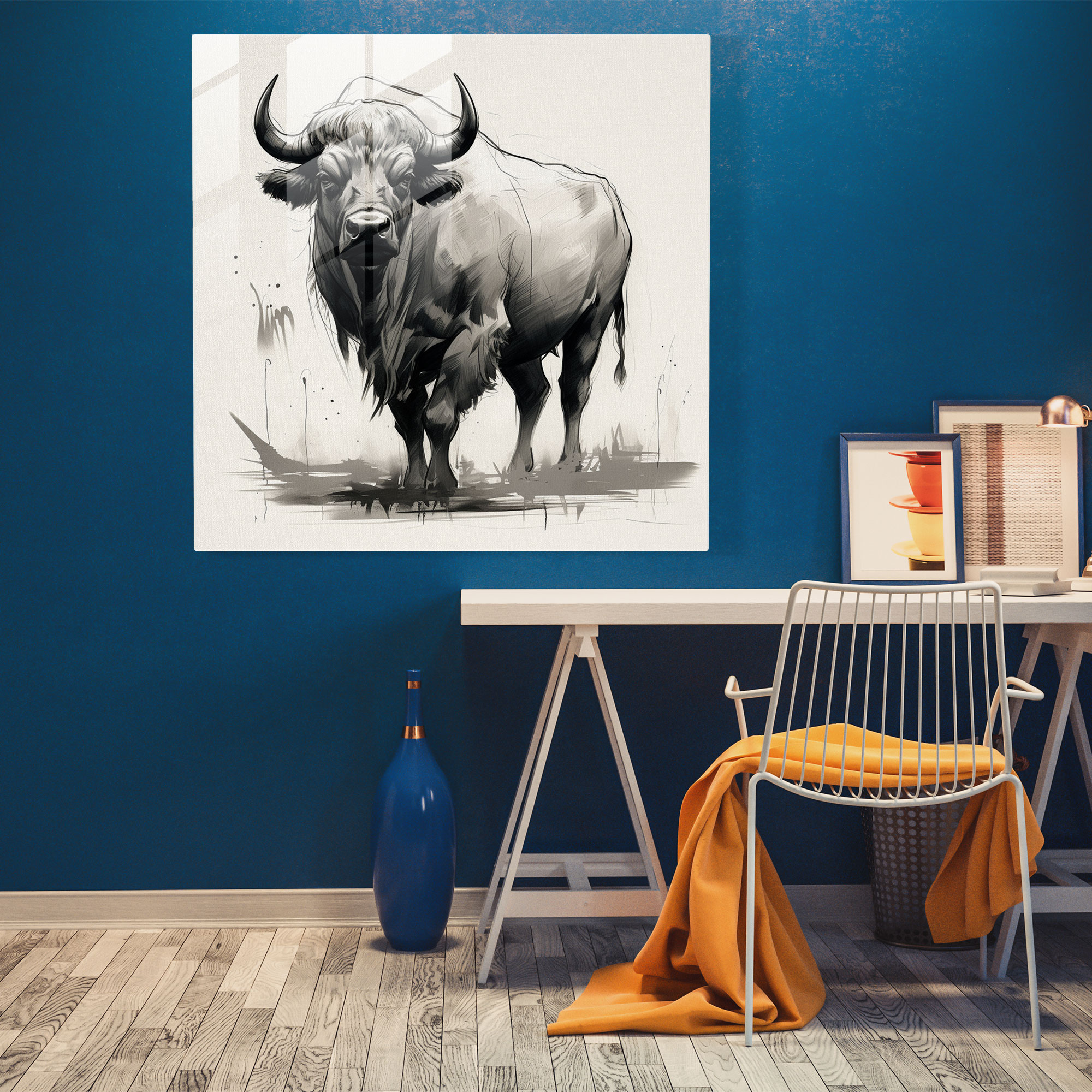 Buffalo Minimalistic Sketch Glass Print - Buffalo, Minimalistic, Glass Print, Home Decoration