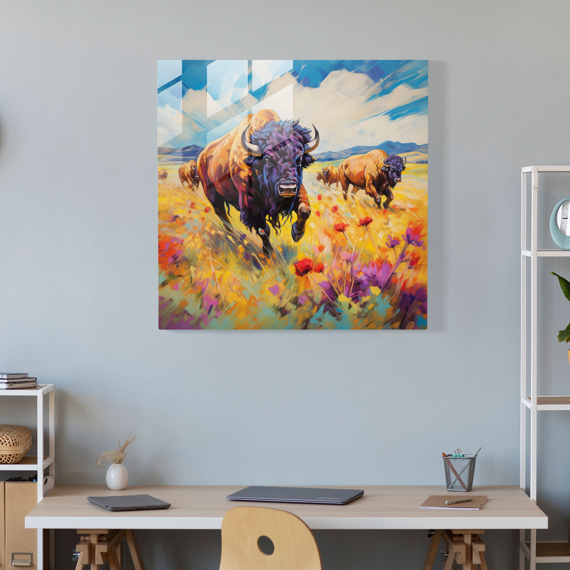 Buffalo Impressionist Painting Glass Print - Buffalo, Modern Art, Impressionist Painting, Glass Art