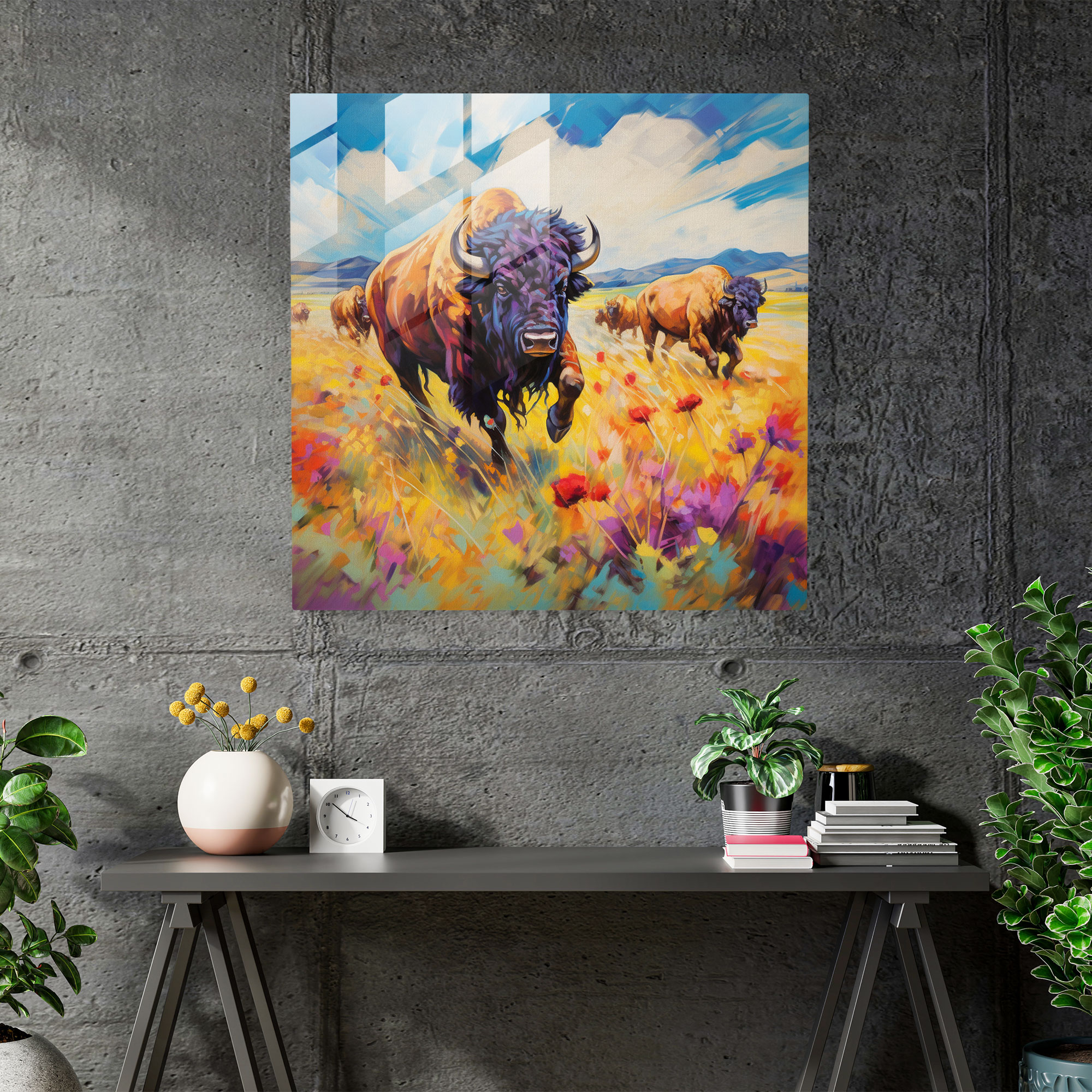 Buffalo Impressionist Painting Glass Print - Buffalo, Modern Art, Impressionist Painting, Glass Art
