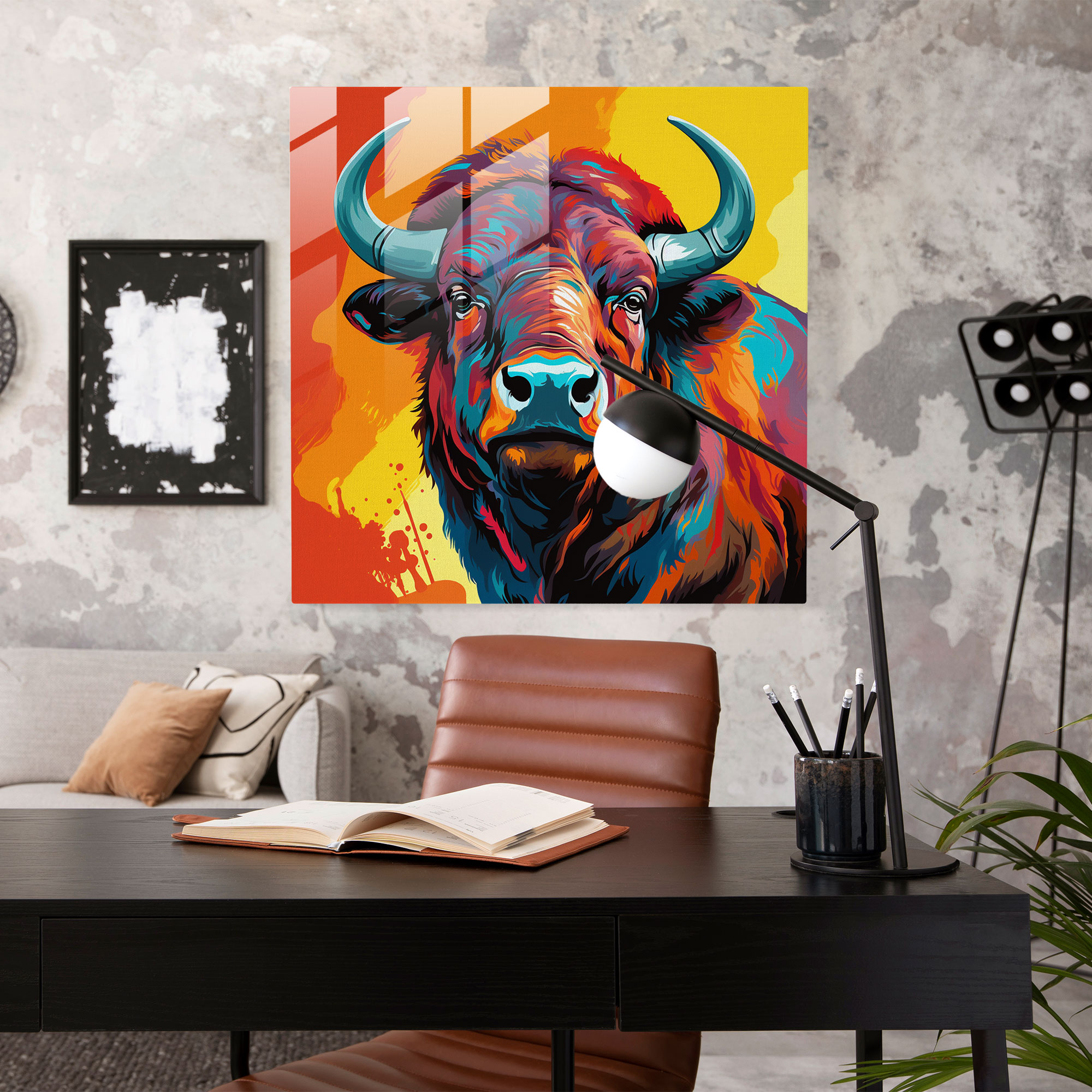 Buffalo Pop Art İllüstrasyon Cam Tablo - Modern Sanat Retr