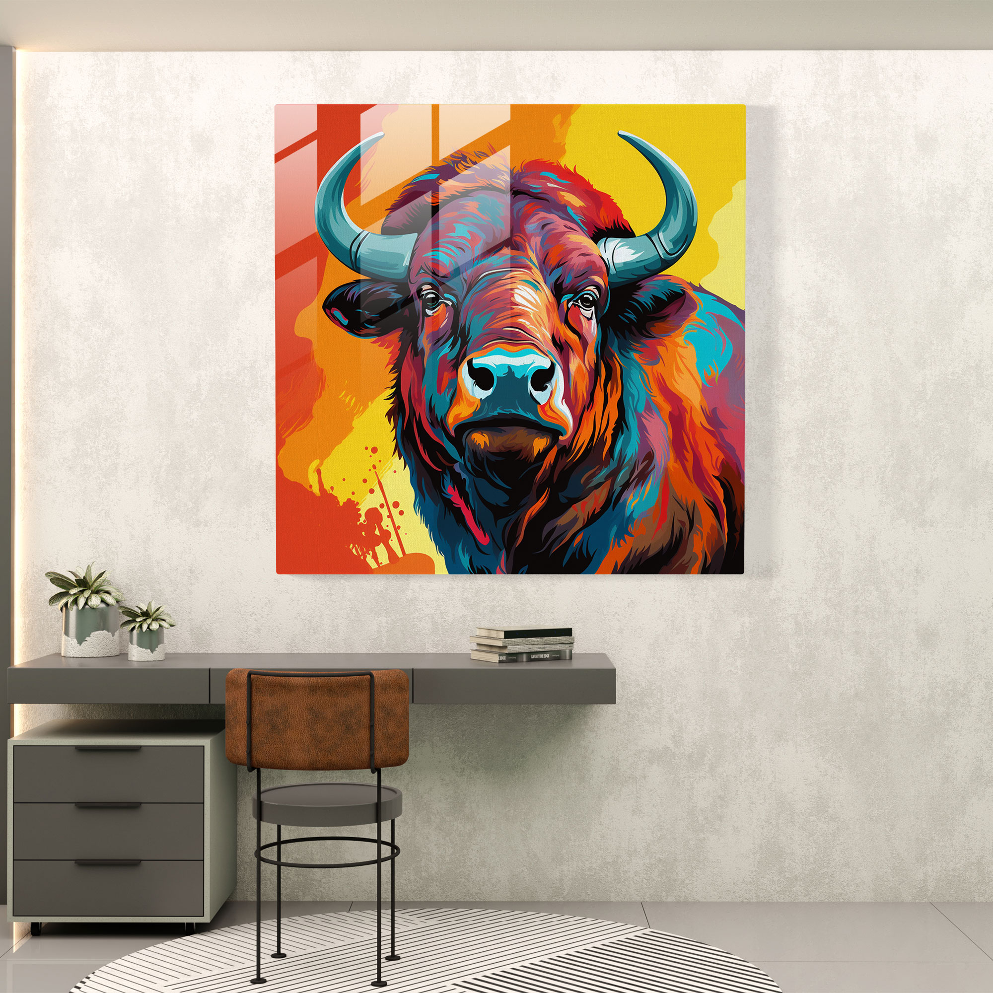 Buffalo Pop Art İllüstrasyon Cam Tablo - Modern Sanat Retr