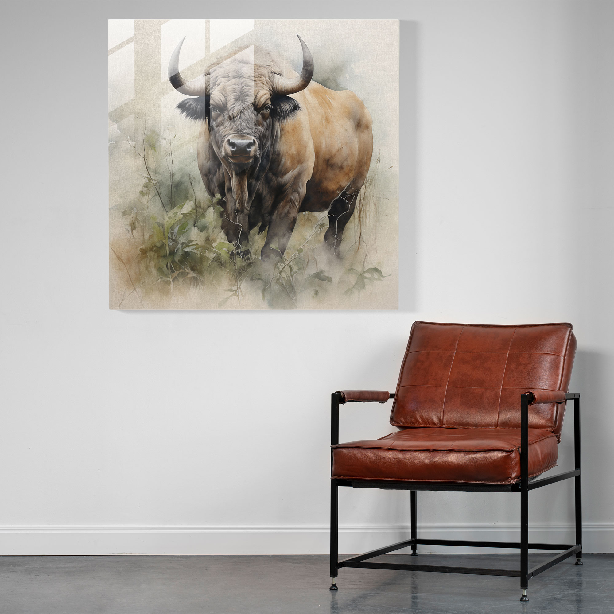 Buffalo Su Rengi Resim Cam Tablo - Buffalo Modern Sanat Su Rengi Resim Ev Dekorasyonu
