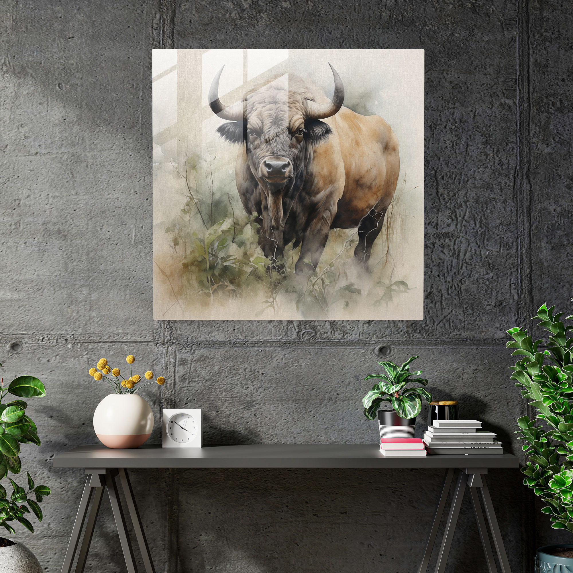 Buffalo Su Rengi Resim Cam Tablo - Buffalo Modern Sanat Su Rengi Resim Ev Dekorasyonu