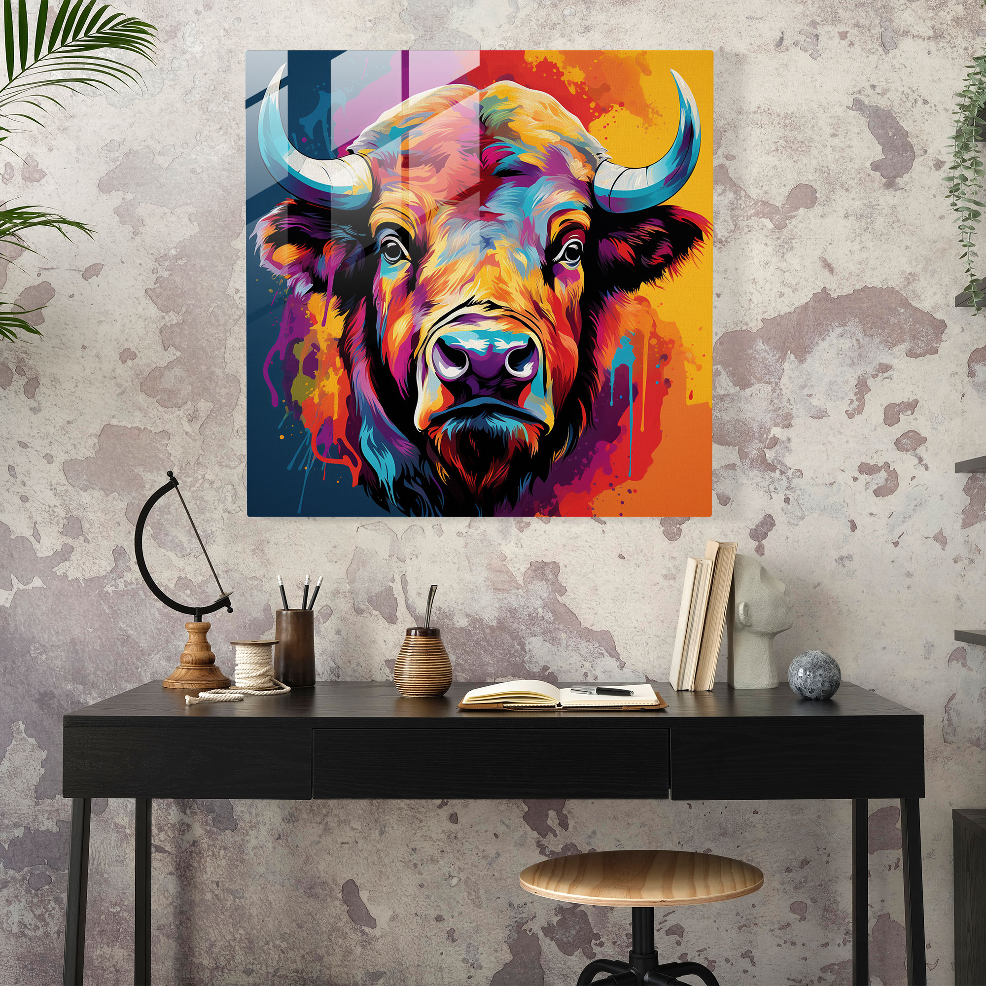 Eğlenceli Buffalo Pop Art Cam Tablosu - Ev Dekorasyonu Çizgi Romanlar Cam Sanatı