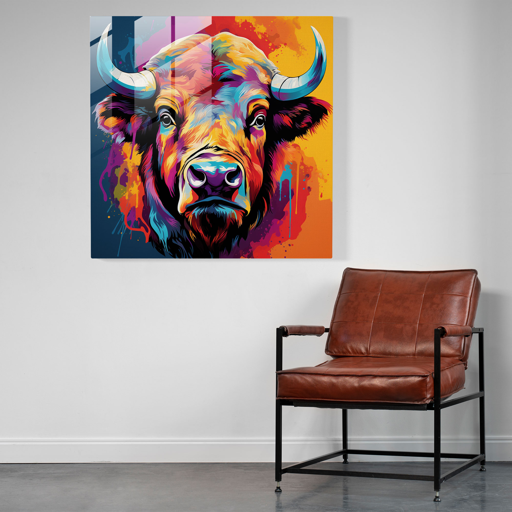 Eğlenceli Buffalo Pop Art Cam Tablosu - Ev Dekorasyonu Çizgi Romanlar Cam Sanatı