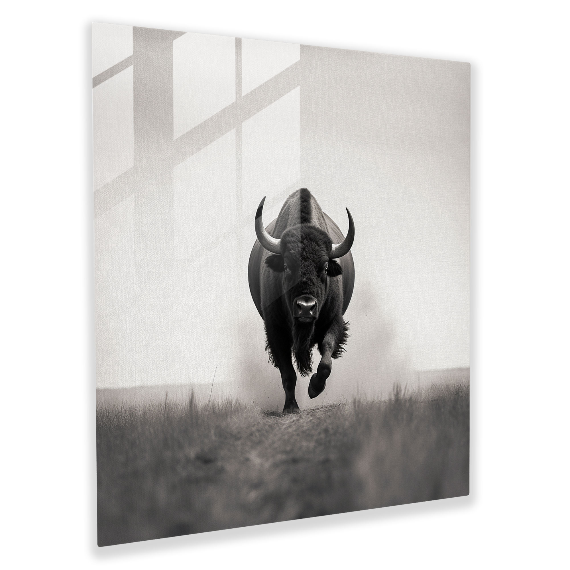 Buffalo Glass Print - Minimalist Black And White Photograph Of Galloping Buffalo - Buffalo, Wall Decoration, Strength, Minimalist Black And White Photograph