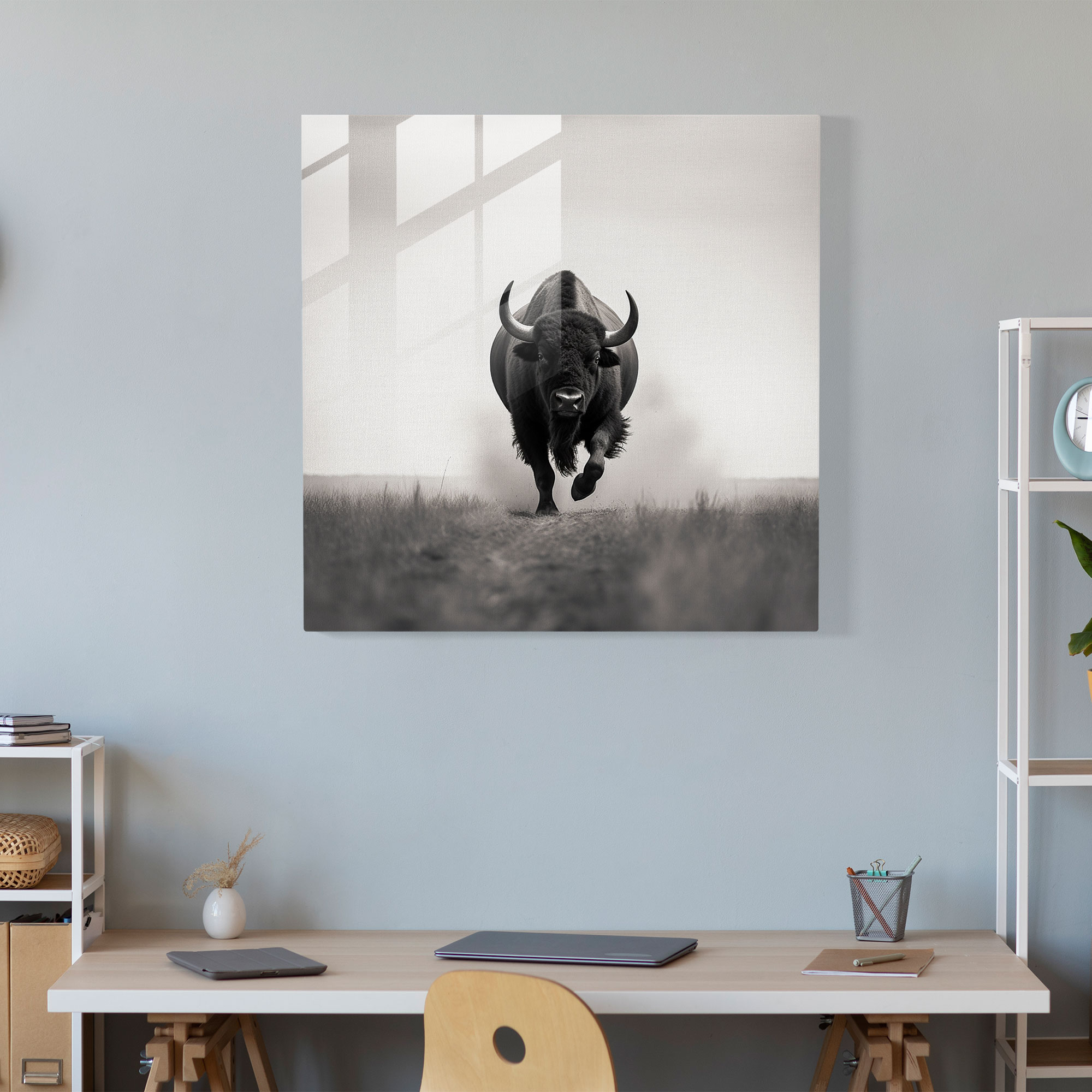 Buffalo Glass Print - Minimalist Black And White Photograph Of Galloping Buffalo - Buffalo, Wall Decoration, Strength, Minimalist Black And White Photograph