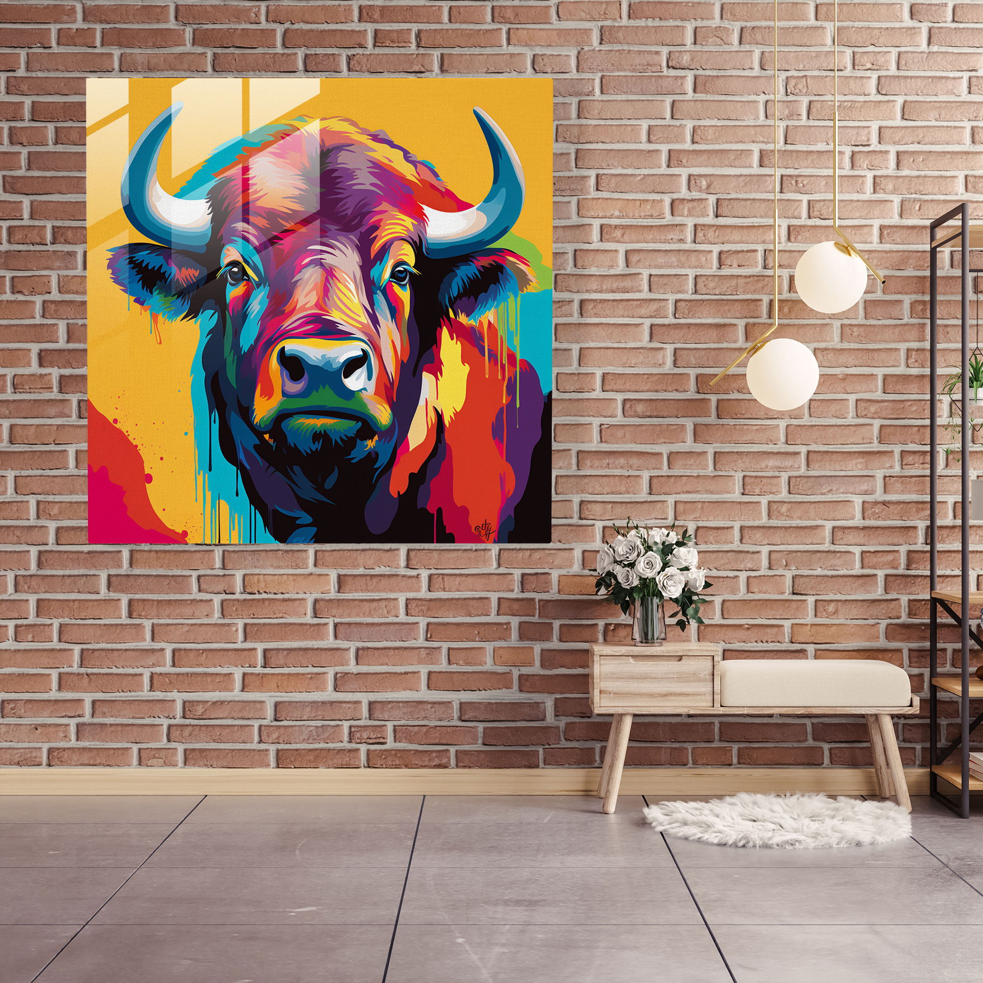 Canlı Buffalo İllüstrasyonlu Modern Pop Art Cam Tablo - Ev Dekorasyonu Oyuncu