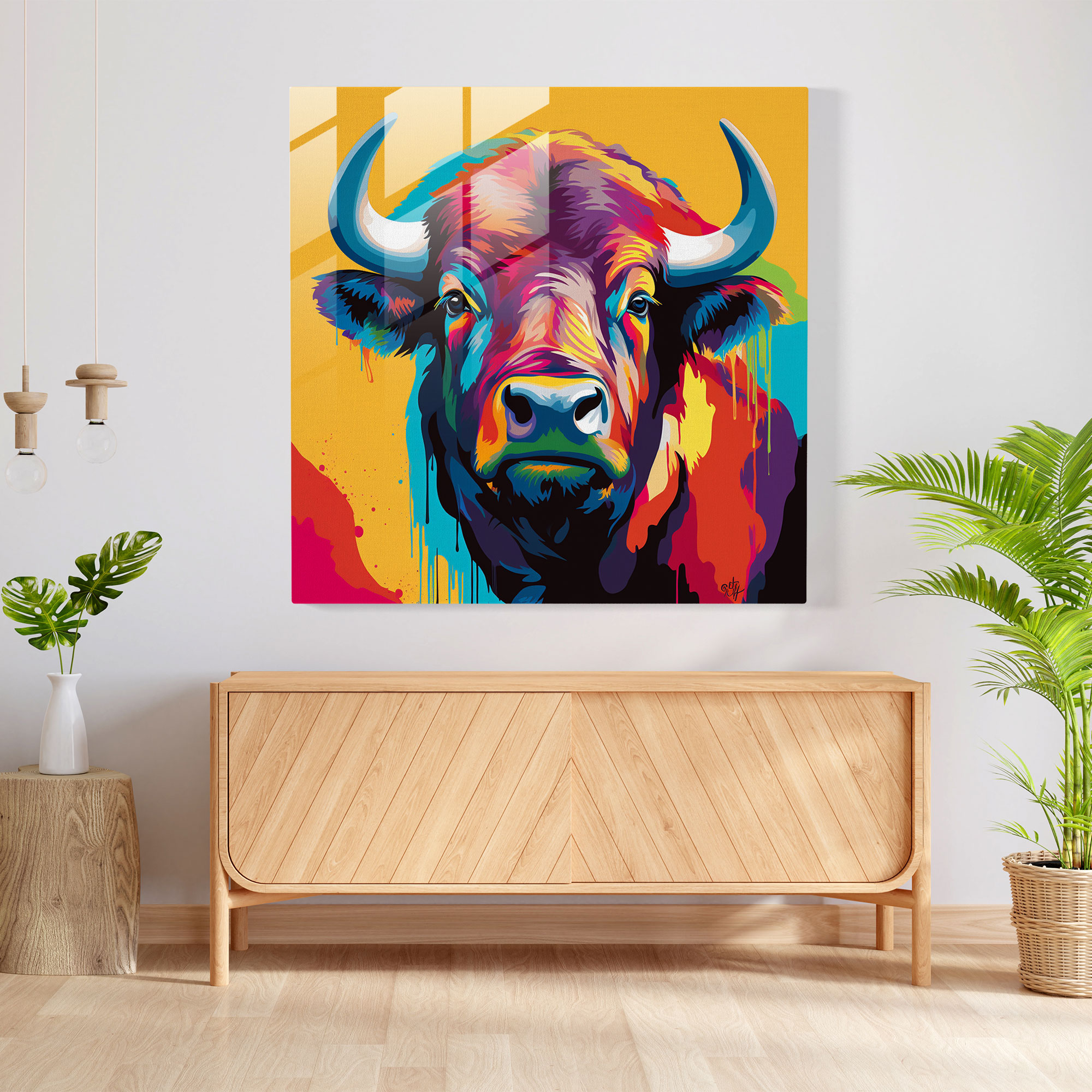 Canlı Buffalo İllüstrasyonlu Modern Pop Art Cam Tablo - Ev Dekorasyonu Oyuncu