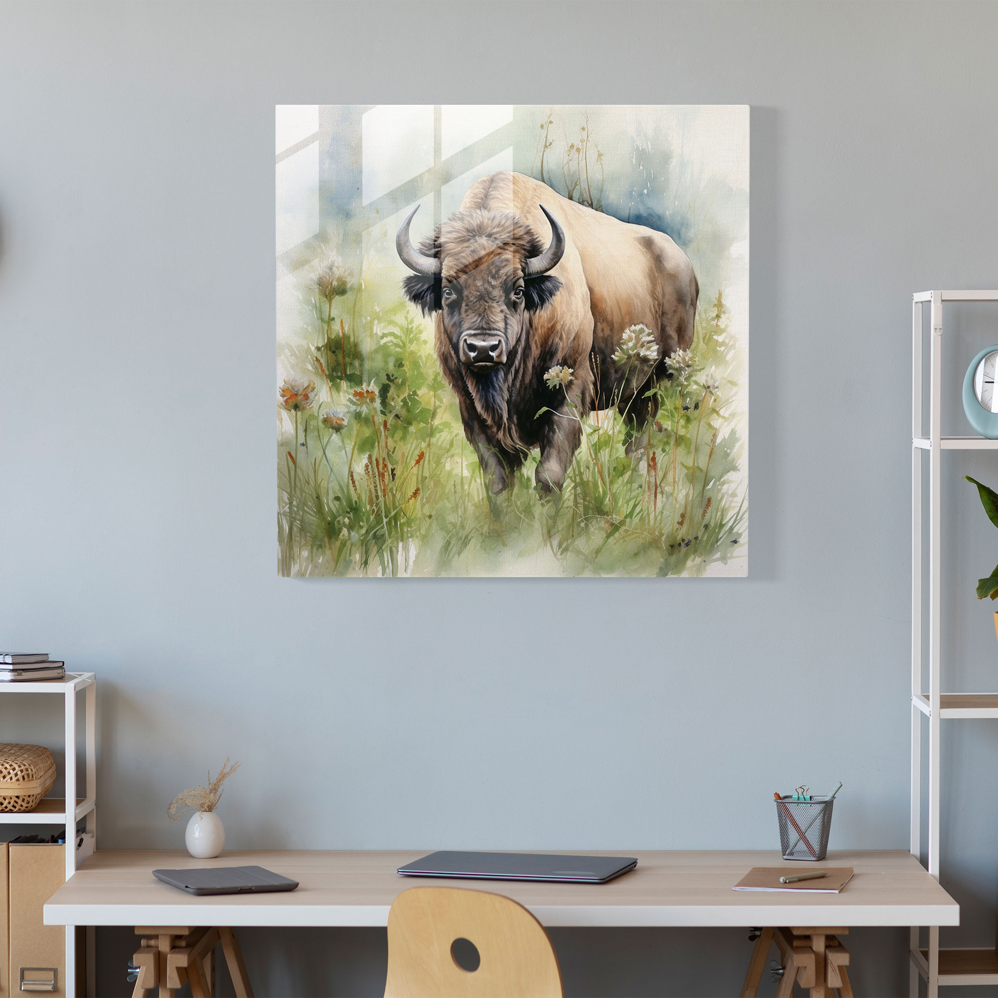 Buffalo Glass Print - Peaceful Watercolor Painting Of Serene Buffalo - Buffalo, Glass Wall Art, Modern Art, Harmony