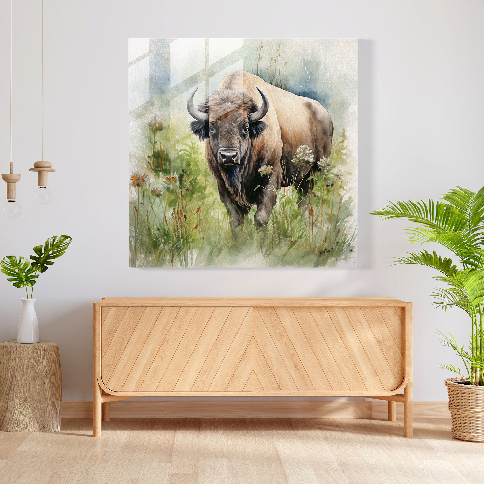 Buffalo Glass Print - Peaceful Watercolor Painting Of Serene Buffalo - Buffalo, Glass Wall Art, Modern Art, Harmony