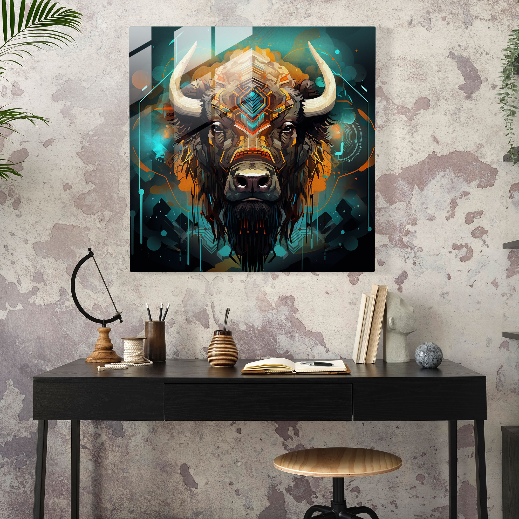 Buffalo Glass Print - Futuristic Digital Artwork Of Buffalo And Abstract Shapes - Buffalo, Home Decoration, Harmony, Wall Decoration