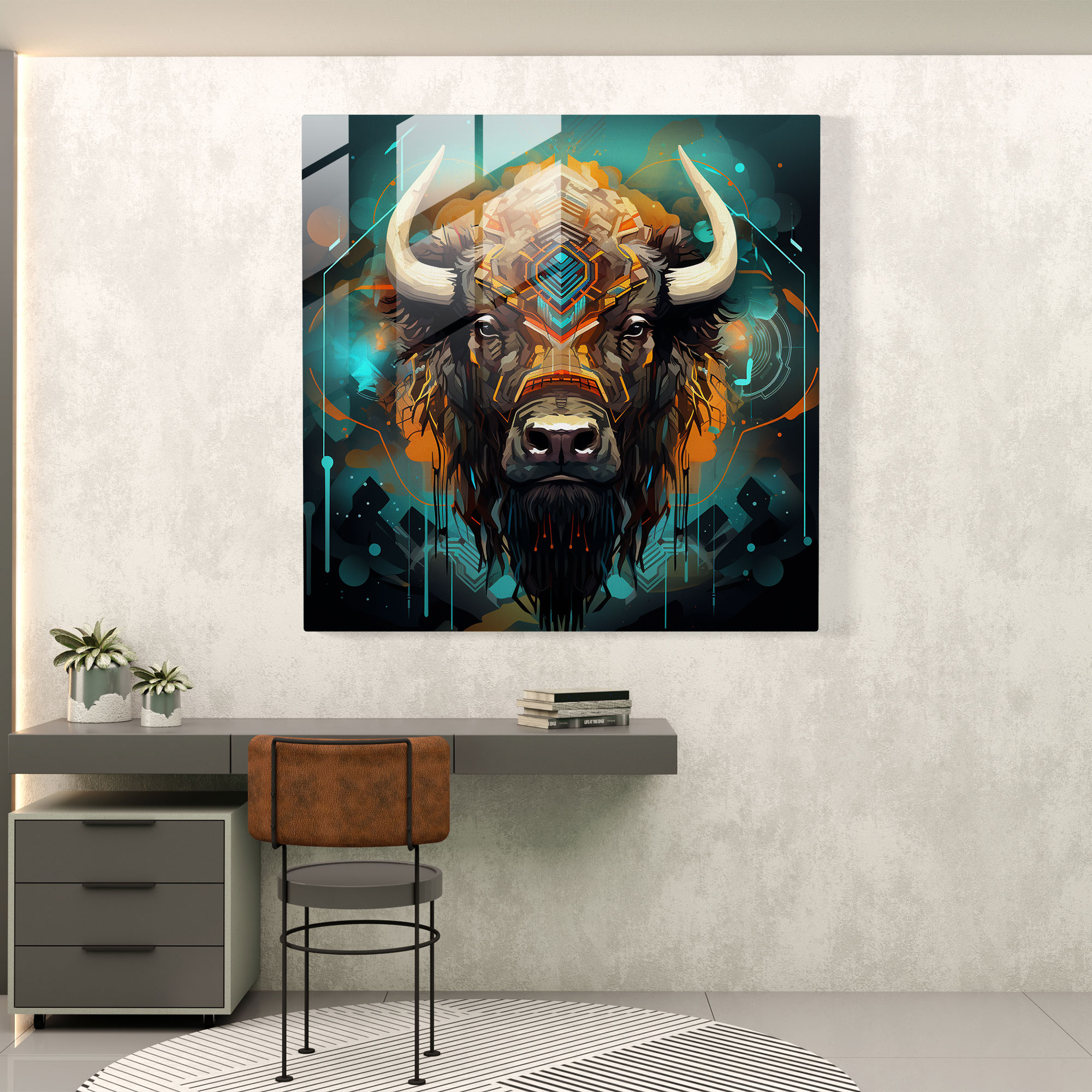 Buffalo Glass Print - Futuristic Digital Artwork Of Buffalo And Abstract Shapes - Buffalo, Home Decoration, Harmony, Wall Decoration