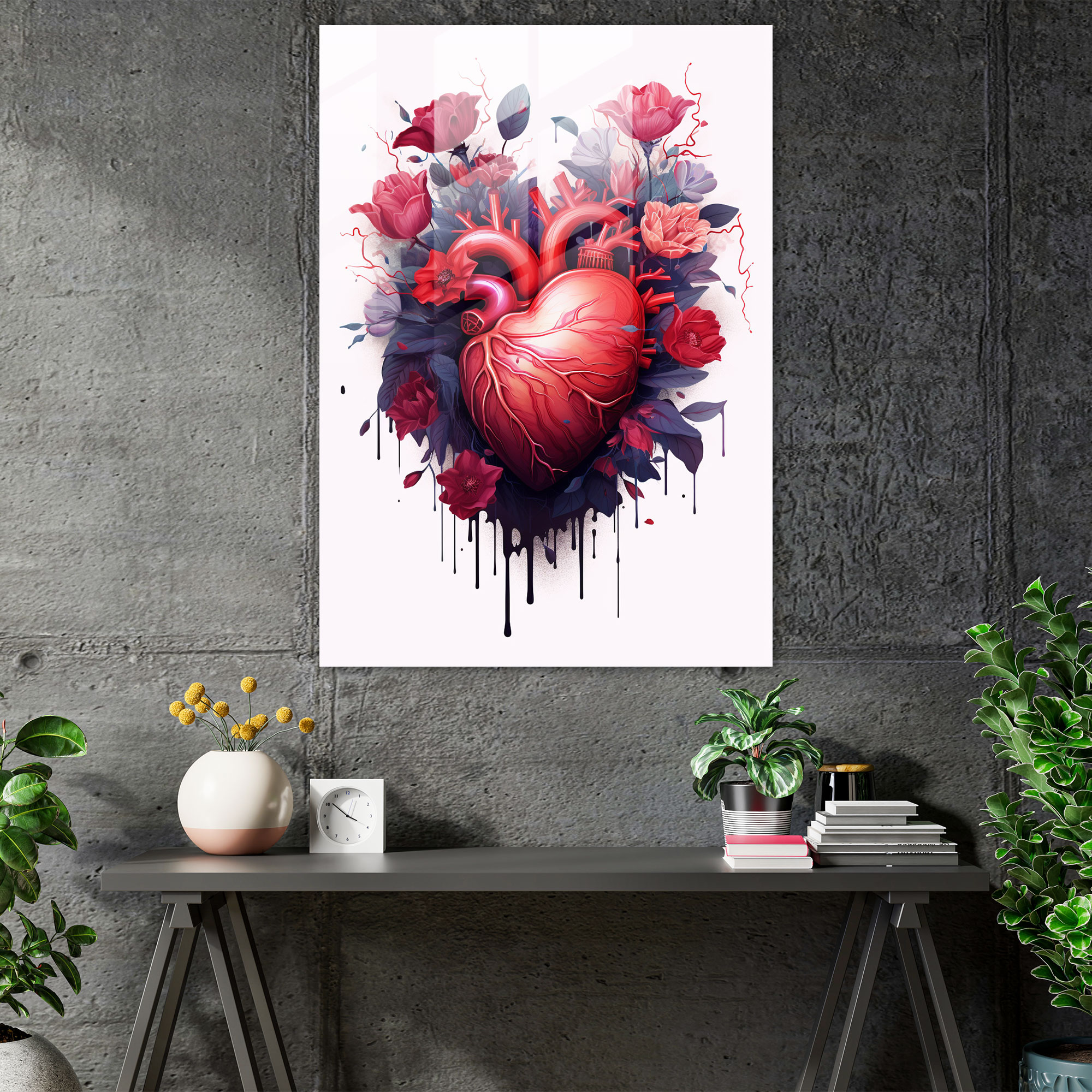 Bleeding Flowers Glass Print - Bleeding Flowers, Home Decoration, Stylized Illustration, Passion