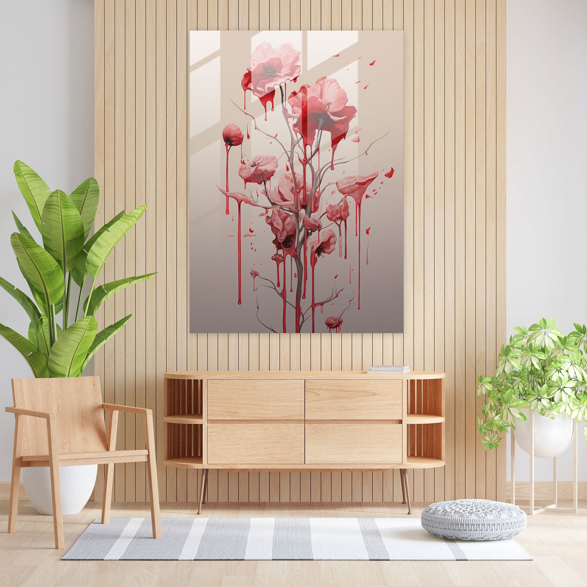 Dönüşüm Cam Sanatı - Kanayan Çiçekler Minimalist Arka Planlı Cam Tablo