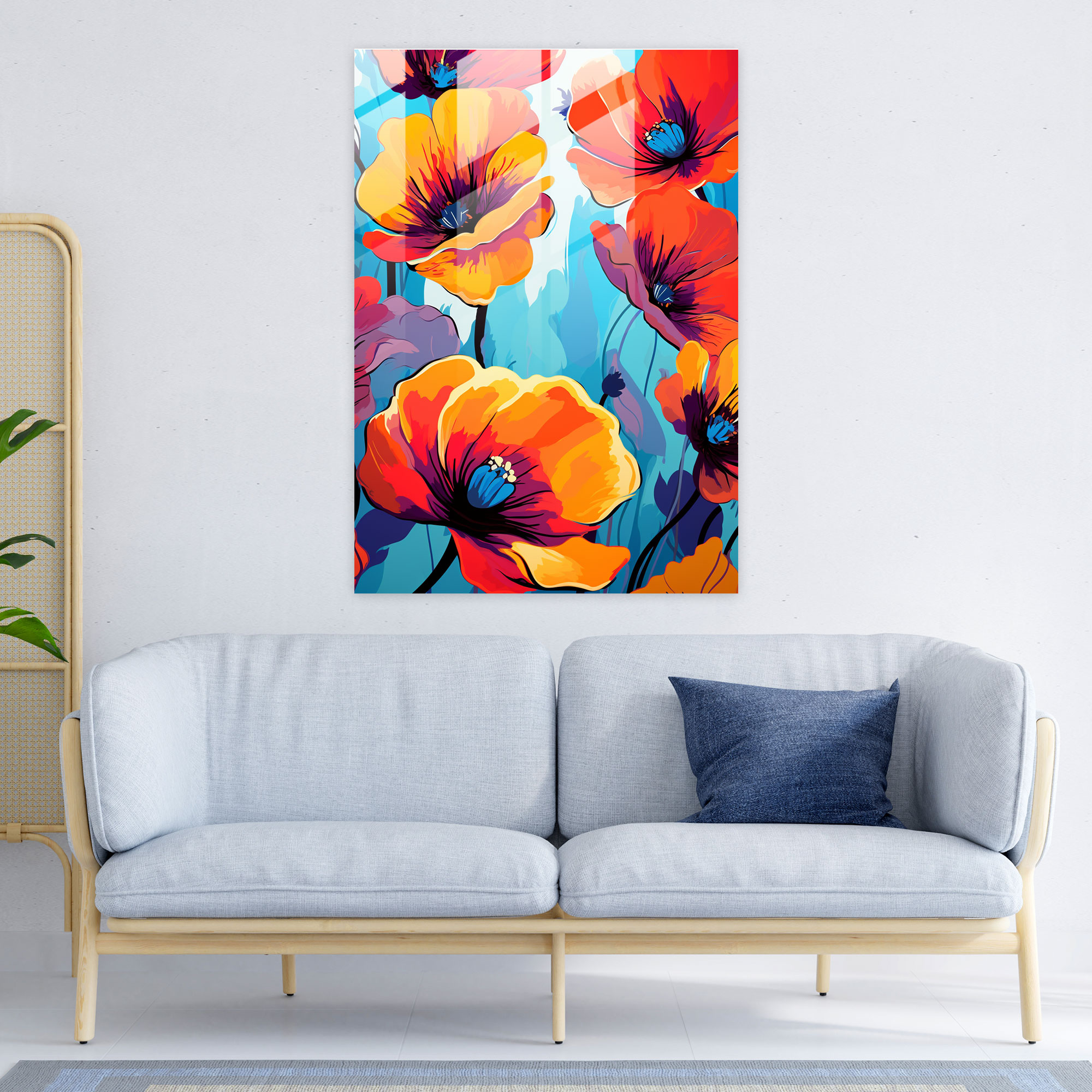 Playful Blooms Glass Print - Bleeding Flowers, Bold Tones, Wall Decoration, Glass Art