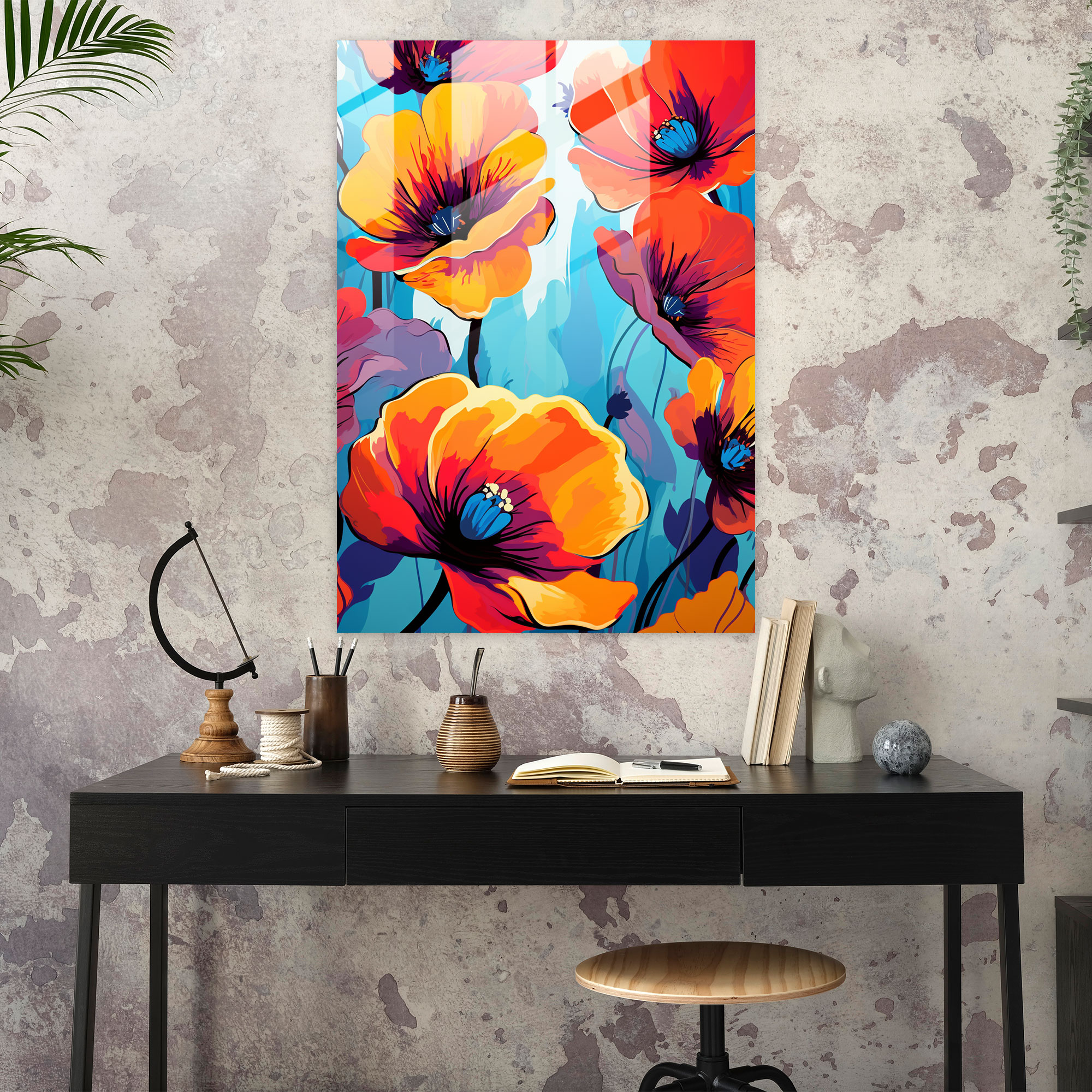 Playful Blooms Glass Print - Bleeding Flowers, Bold Tones, Wall Decoration, Glass Art