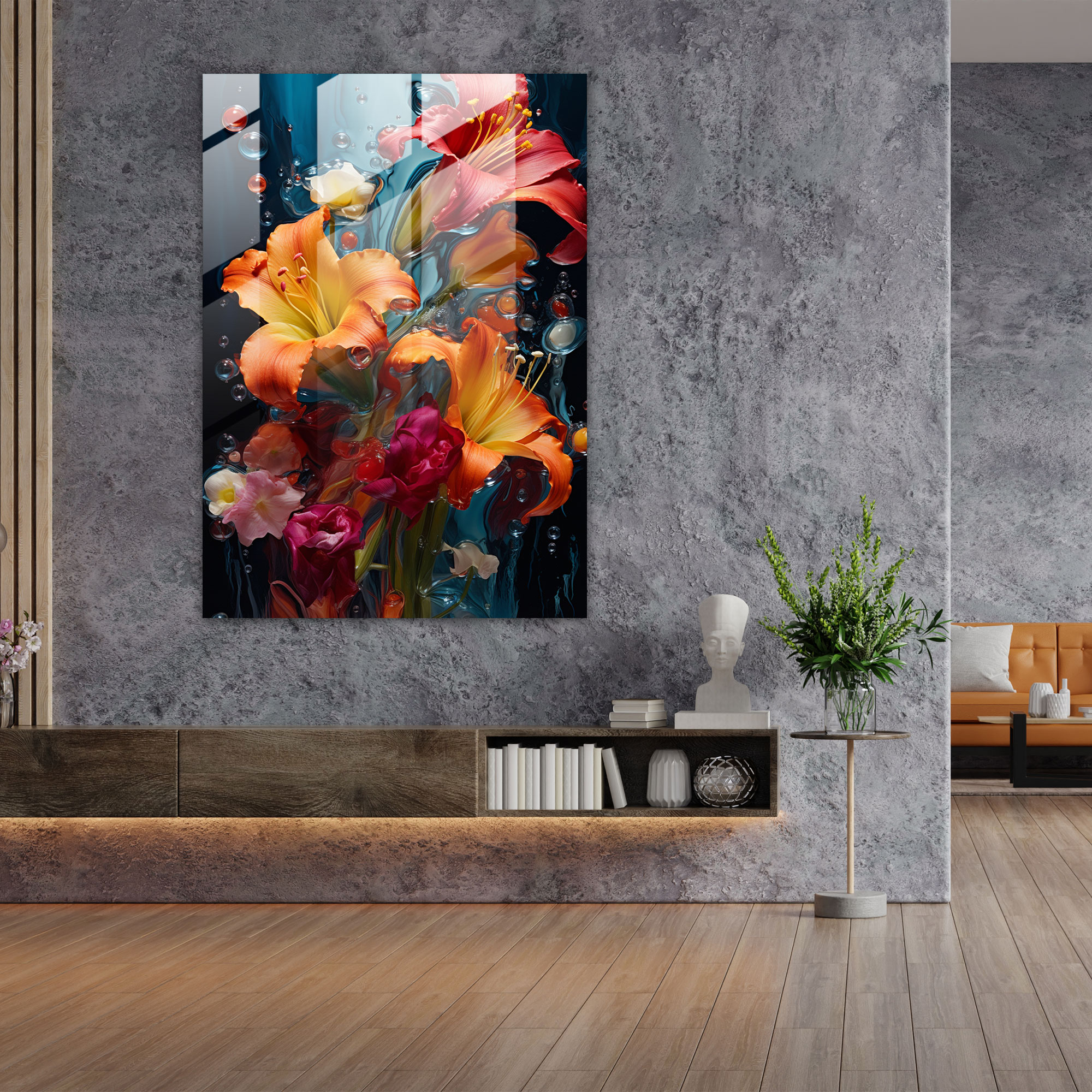 Akan Çiçekler Cam Tablo - Ev Dekorasyonu Cam Sanat Duvar Dekorasyonu