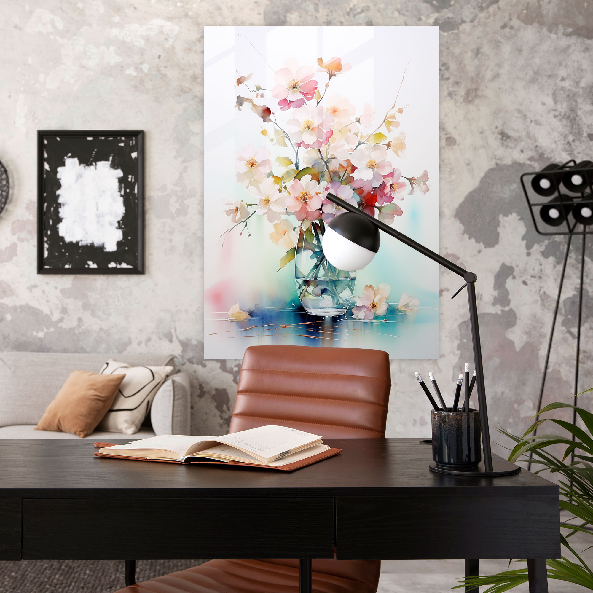 Sulu boya kanayan çiçekler cam duvar sanatı - Ev dekorasyonu modern sanat