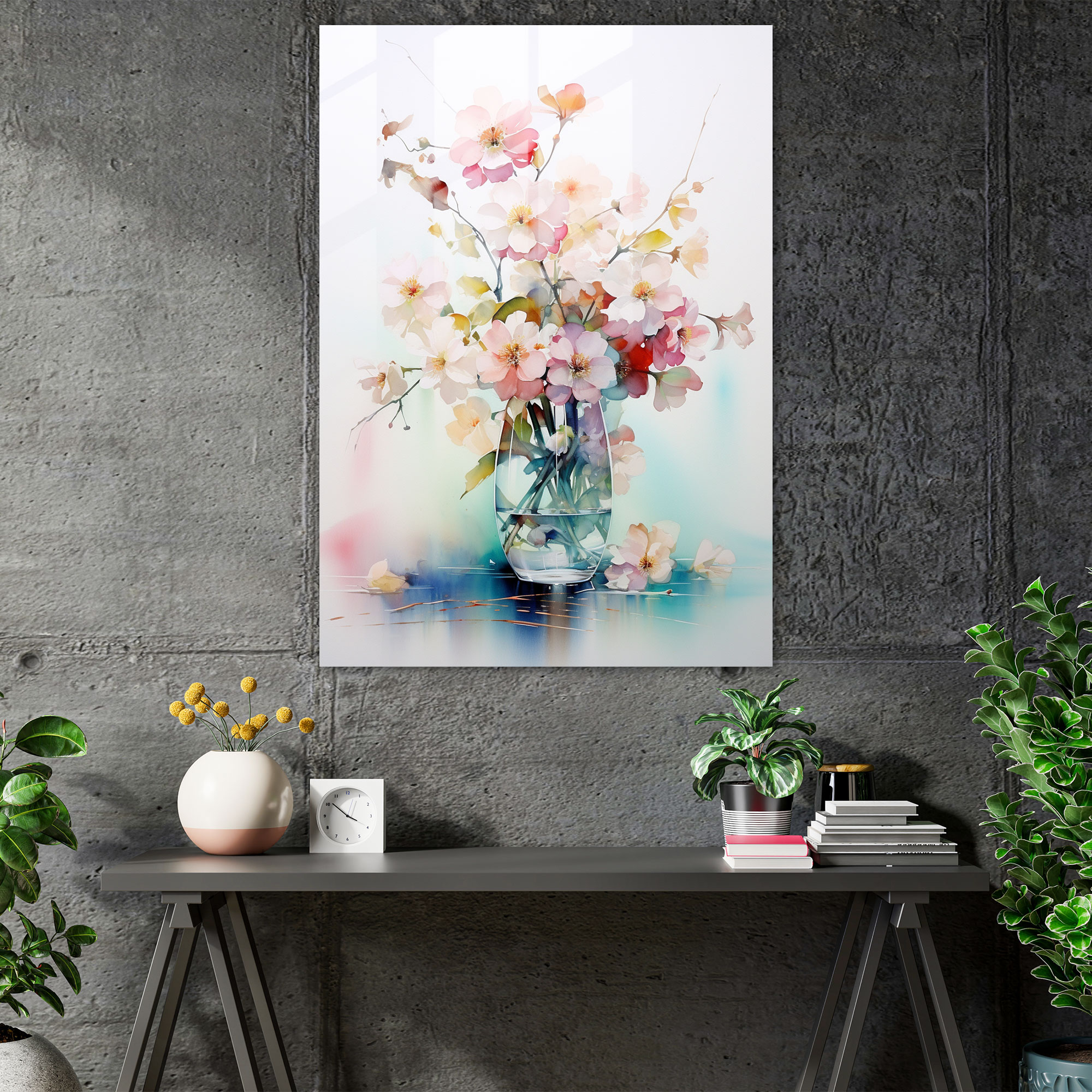 Sulu boya kanayan çiçekler cam duvar sanatı - Ev dekorasyonu modern sanat