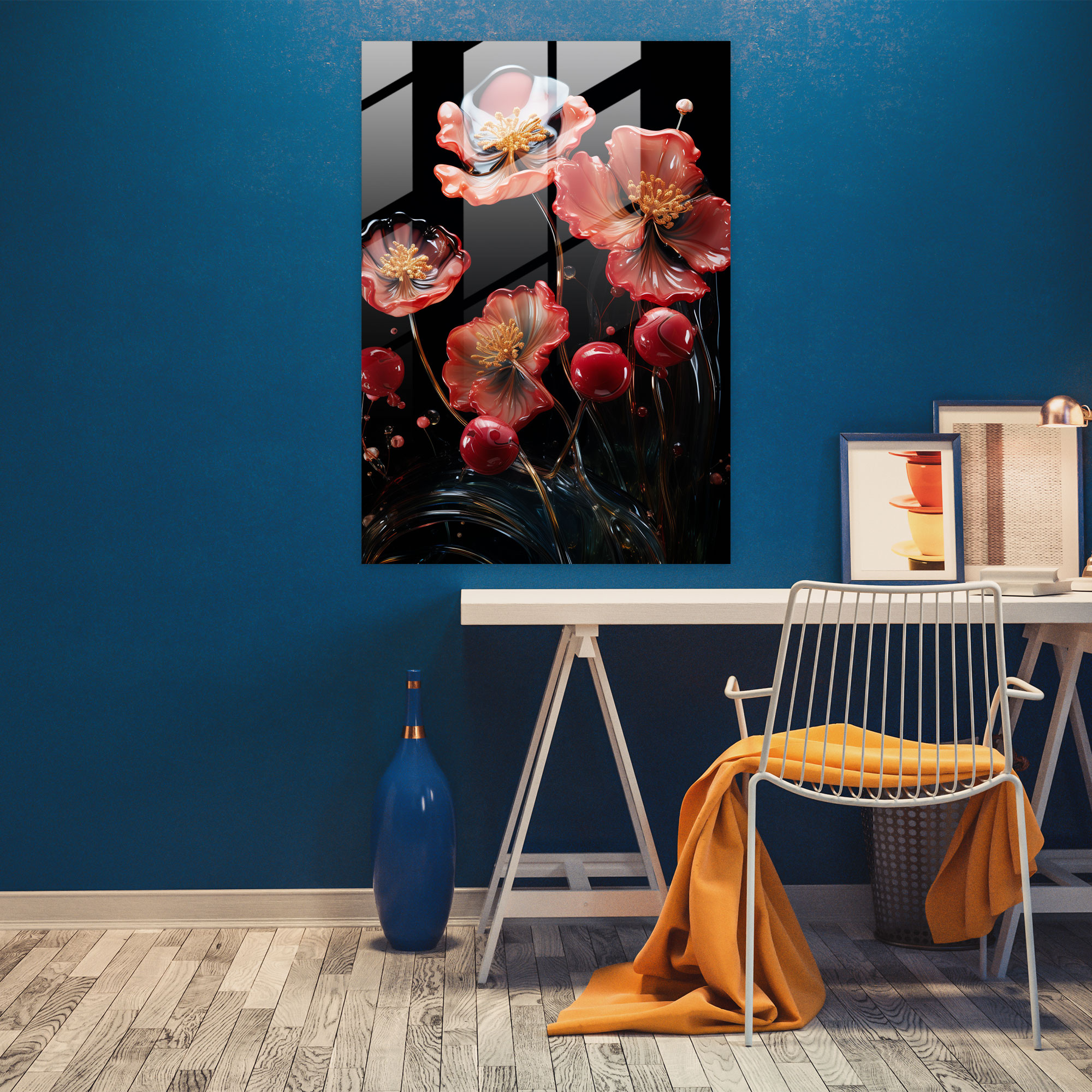 Contemporary Bleeding Flowers Glass Print - Bleeding Flowers, Wall Decoration, Modern Art, Glass Art