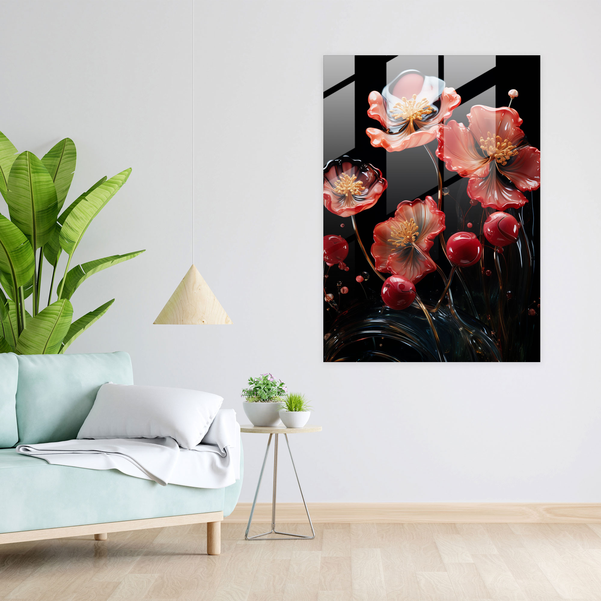 Contemporary Bleeding Flowers Glass Print - Bleeding Flowers, Wall Decoration, Modern Art, Glass Art