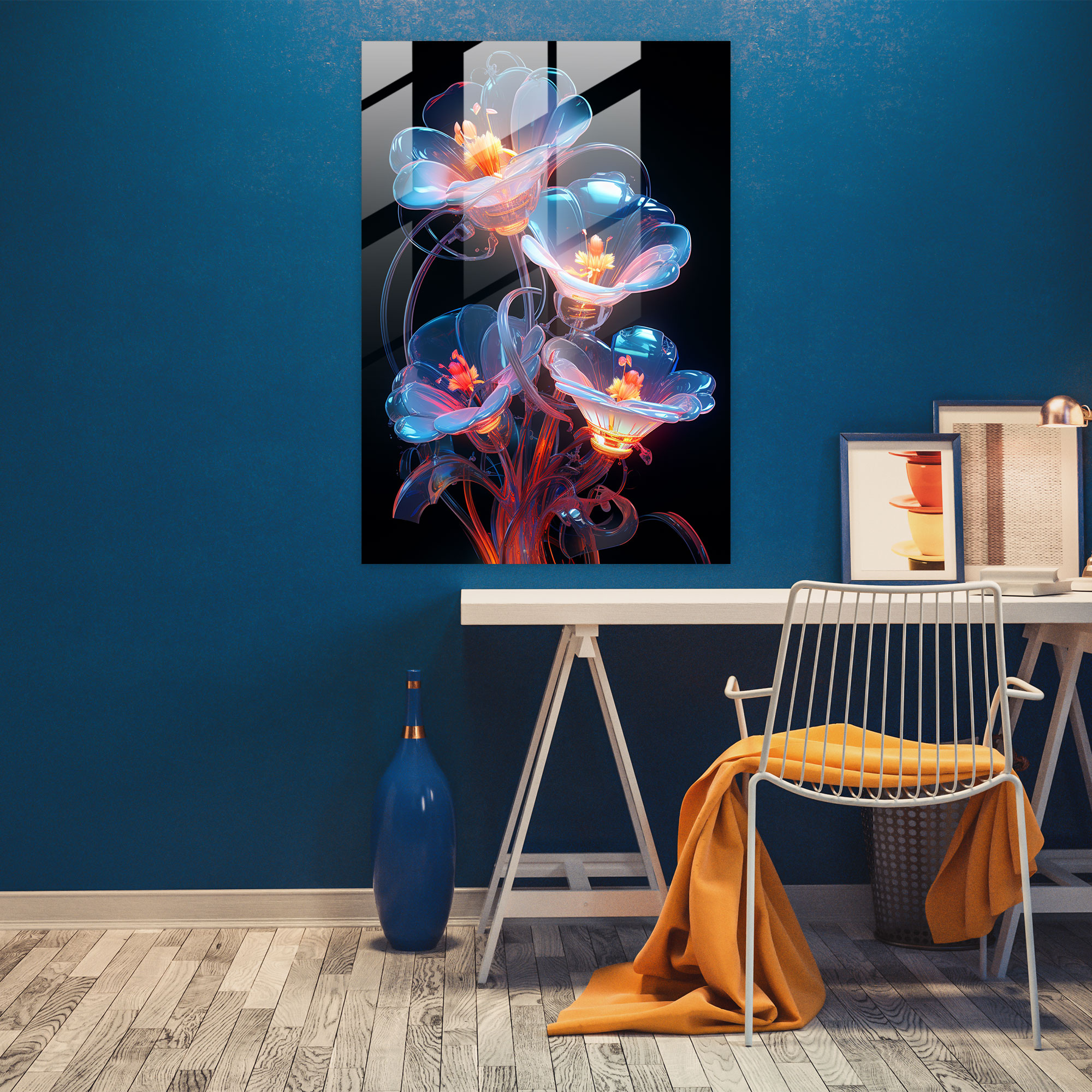 Gelecekten Gelen Kanayan Çiçekler Cam Tablosu - Duvar Dekorasyonu Cam Sanat Modern Sanat