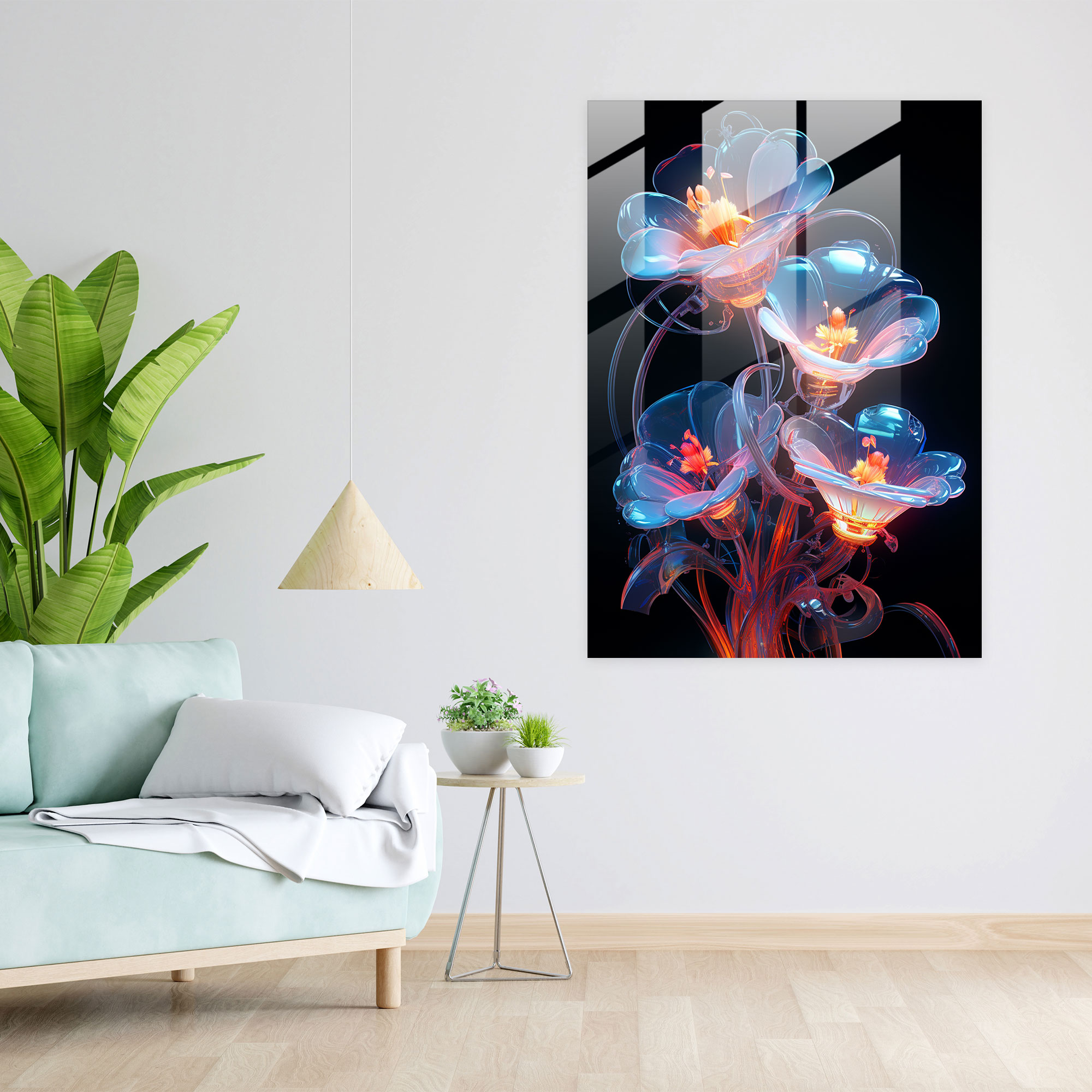Gelecekten Gelen Kanayan Çiçekler Cam Tablosu - Duvar Dekorasyonu Cam Sanat Modern Sanat